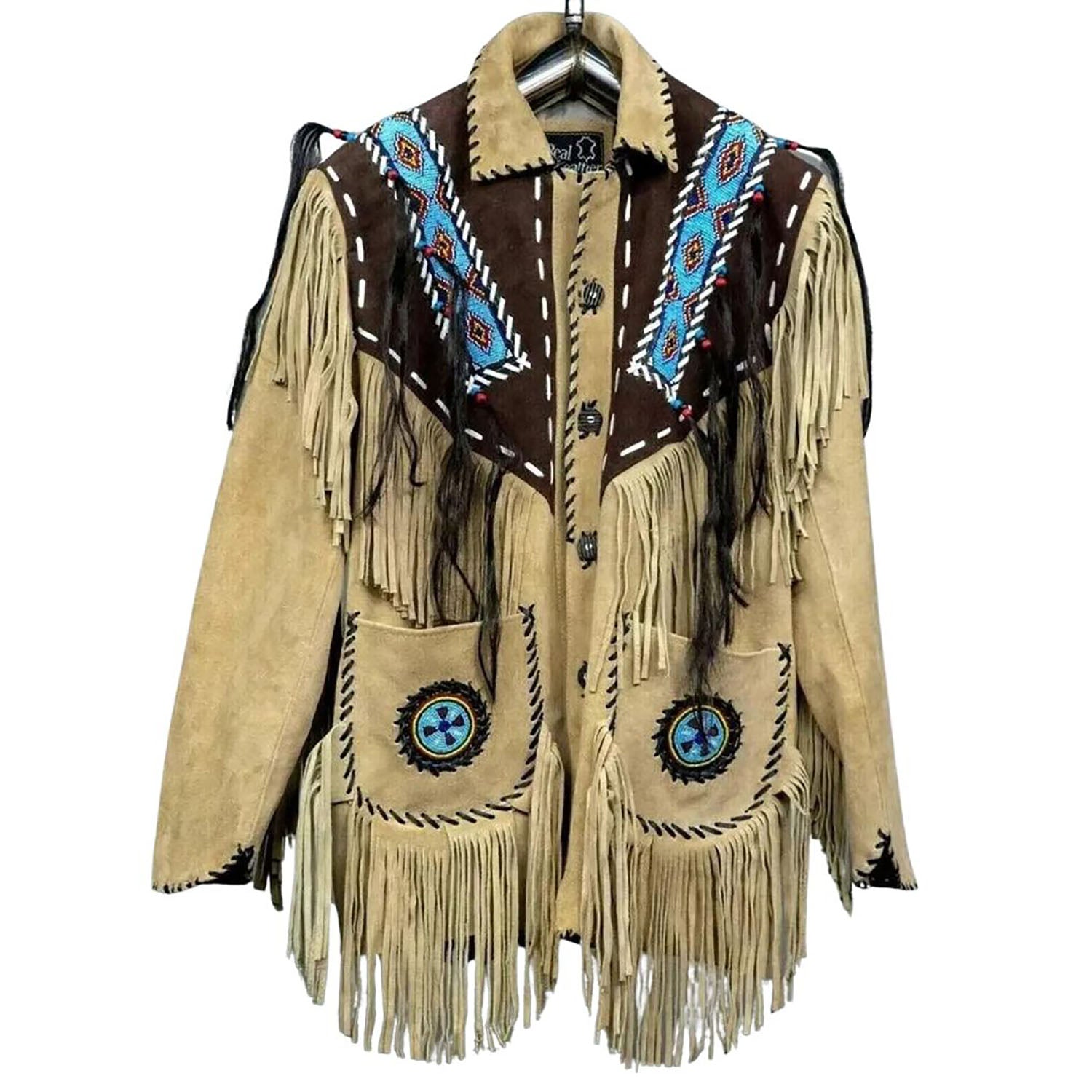 The beige suede leather fringe jacket with beaded detailing, pictured from the back