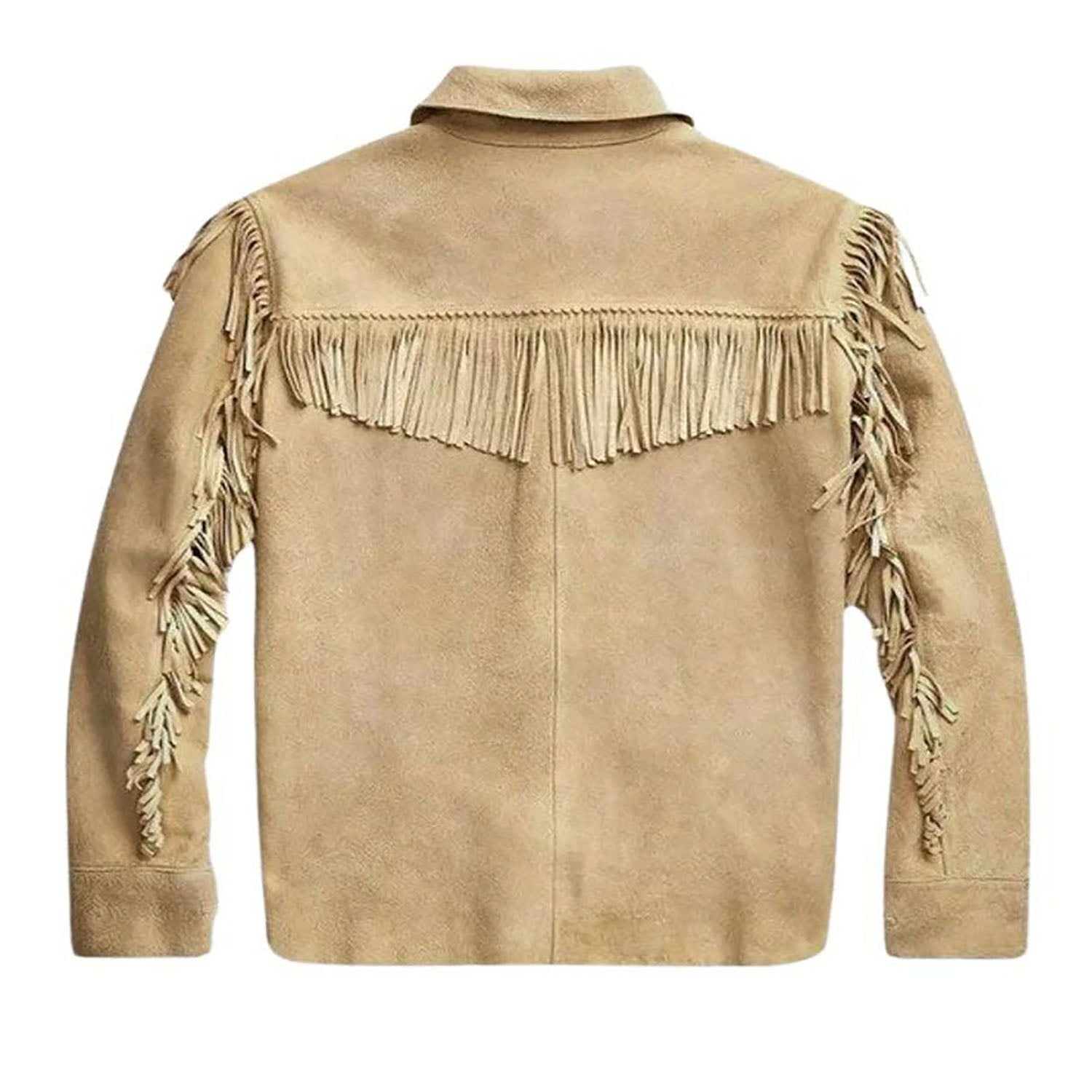 Beige suede leather fringe shirt jacket, full display