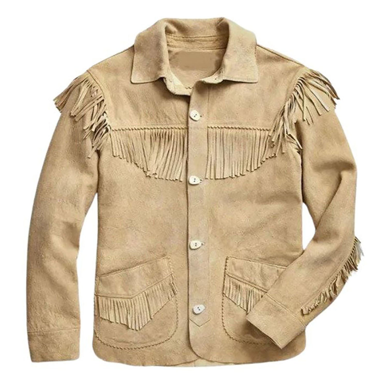 Beige suede leather fringe shirt jacket, worn styled look