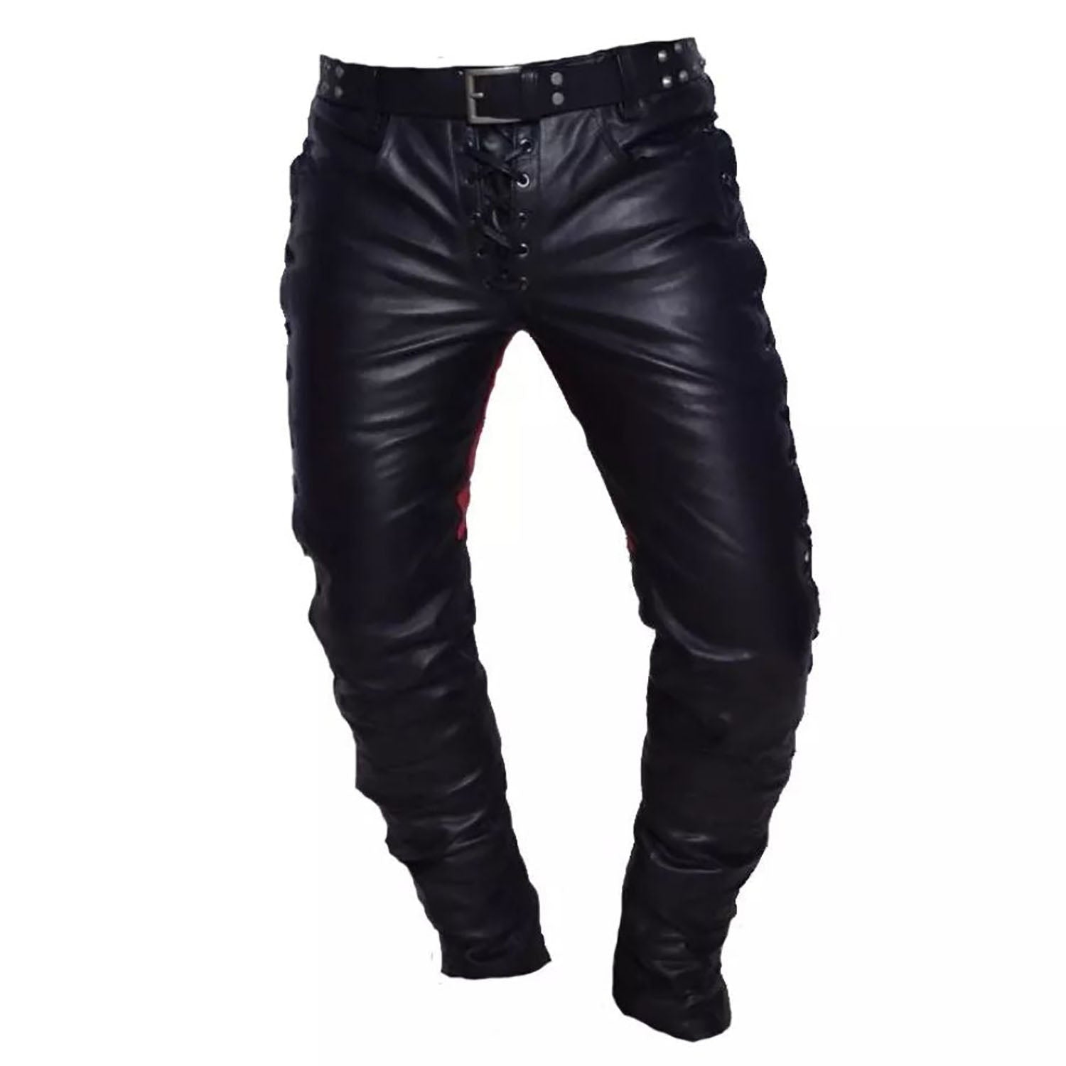 Front view showing the black-red cowhide leather pants