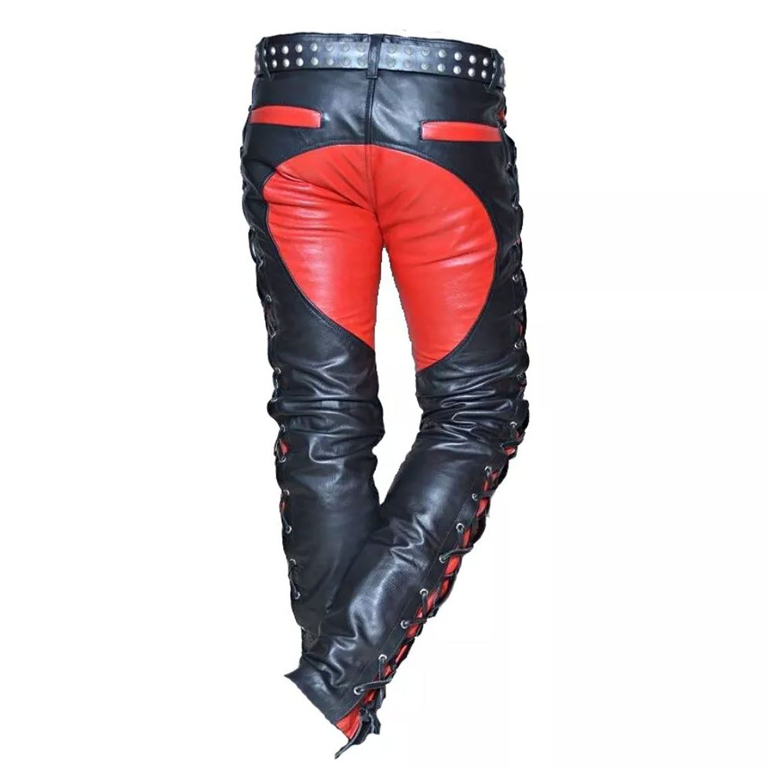 Side profile showing the black-red cowhide leather pants