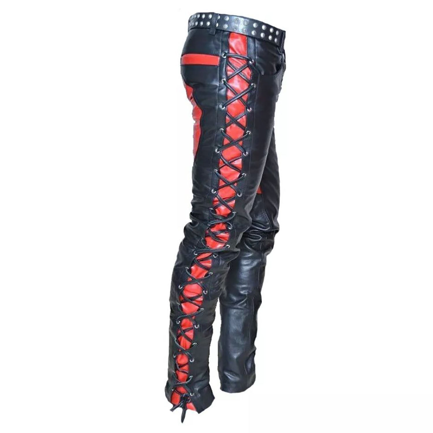 Back view showing the black-red cowhide leather pants