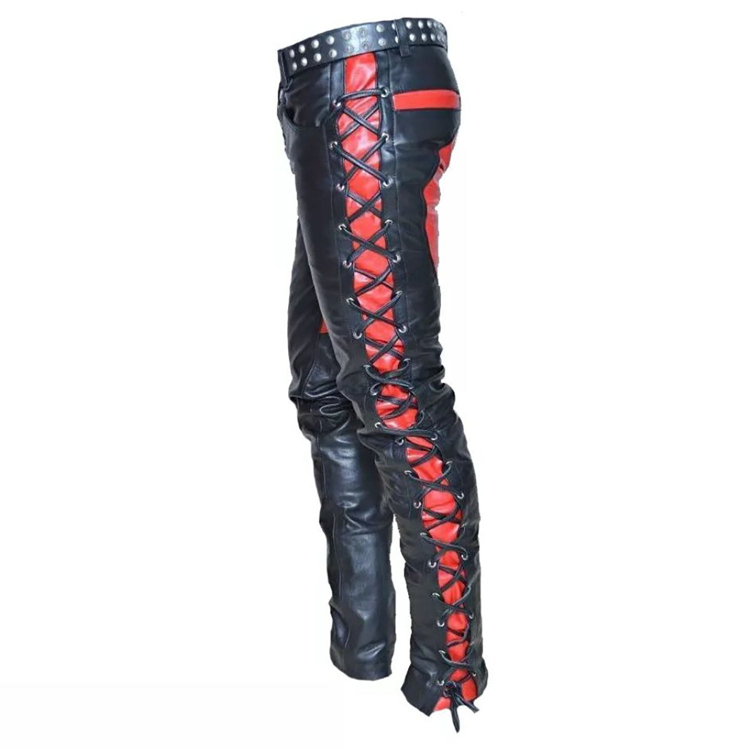 Close-up detail showing the black-red cowhide leather pants