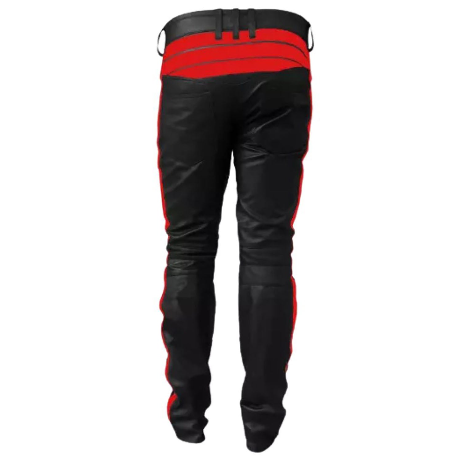 The black-red cowhide leather pants, pictured from the front