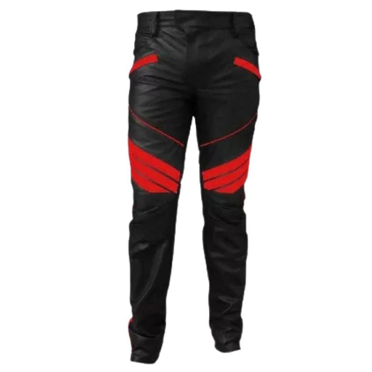 The black-red cowhide leather pants, pictured in detail