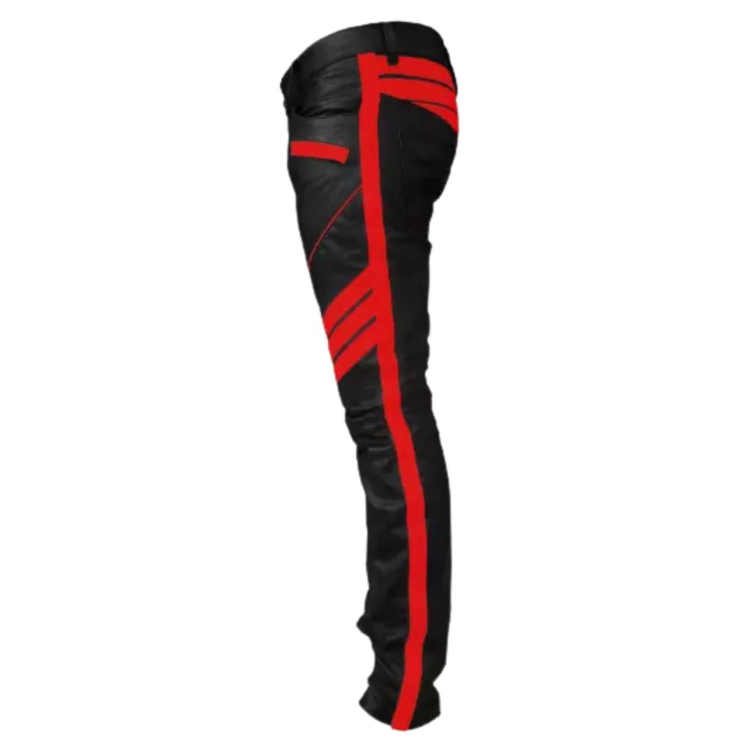 The black-red cowhide leather pants, pictured from the side