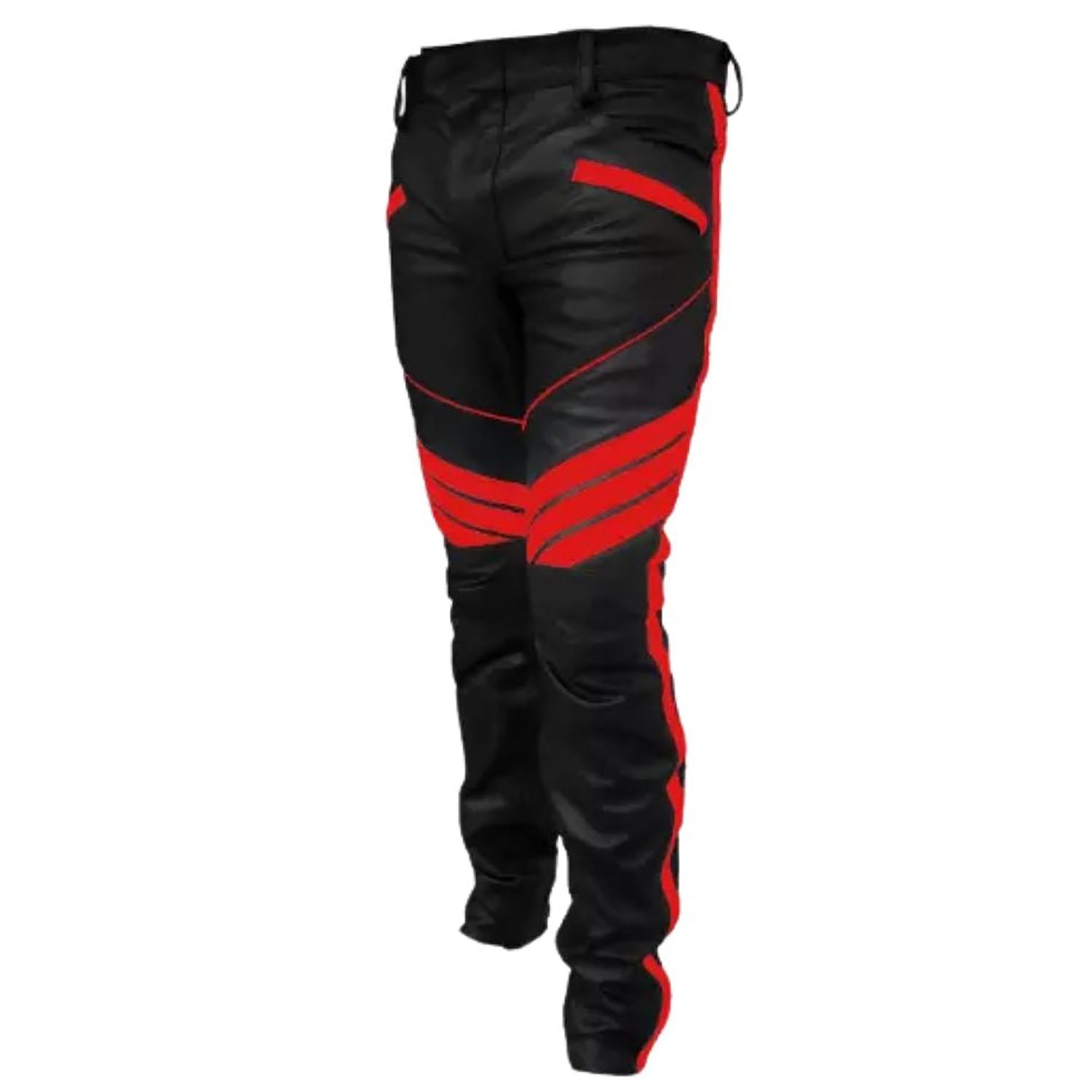 The black-red cowhide leather pants, pictured from the back