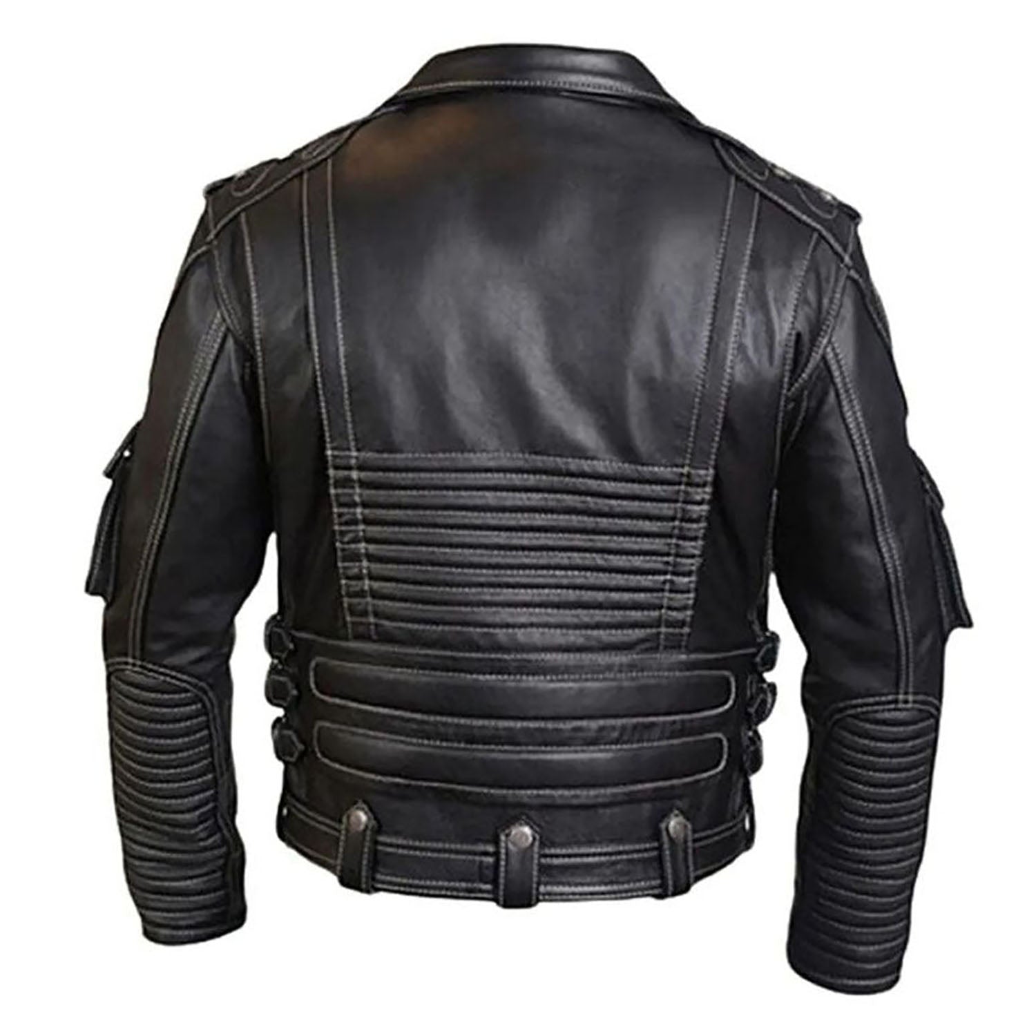 Full display showing the black leather jacket with zip closure