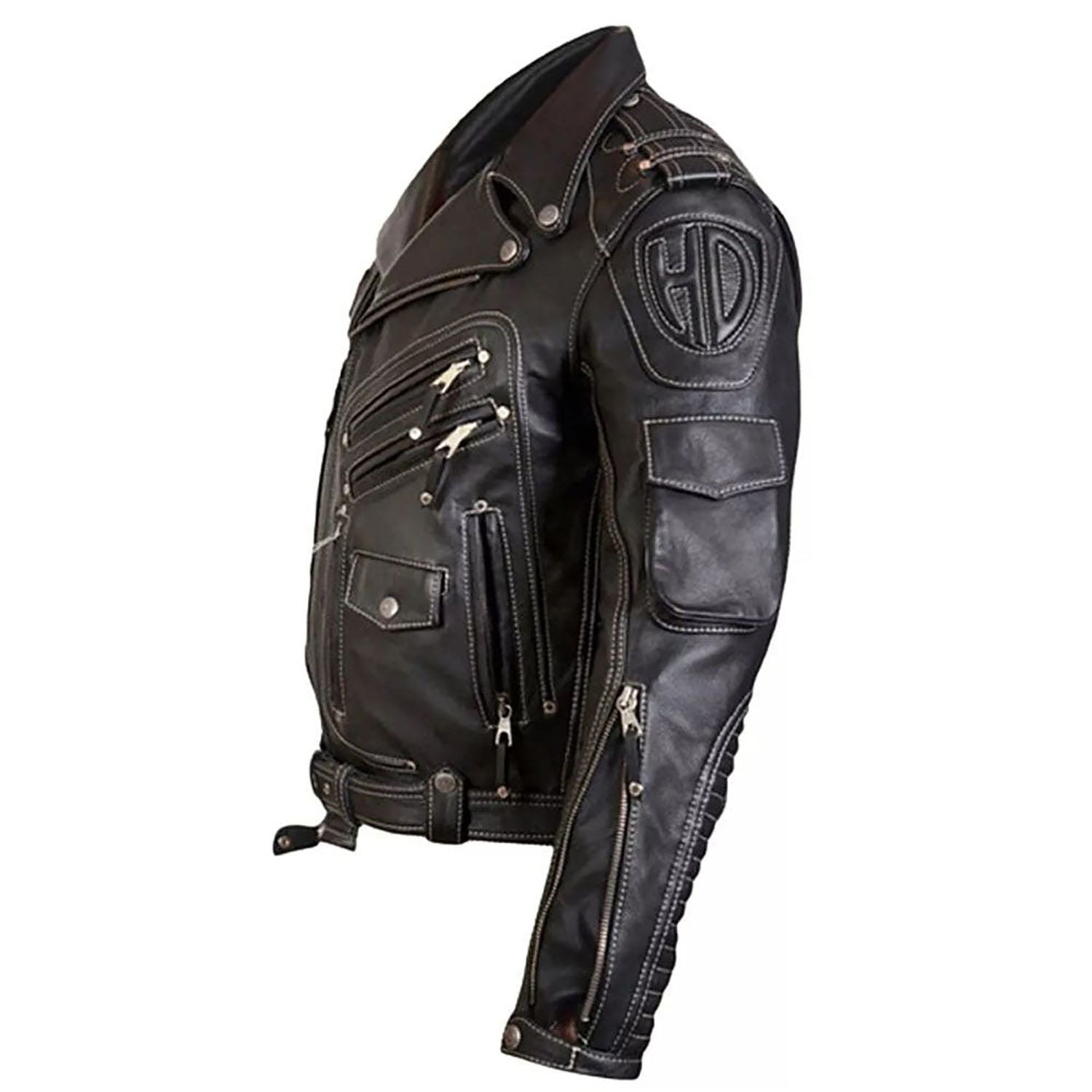 Worn styled look showing the black leather jacket with biker style