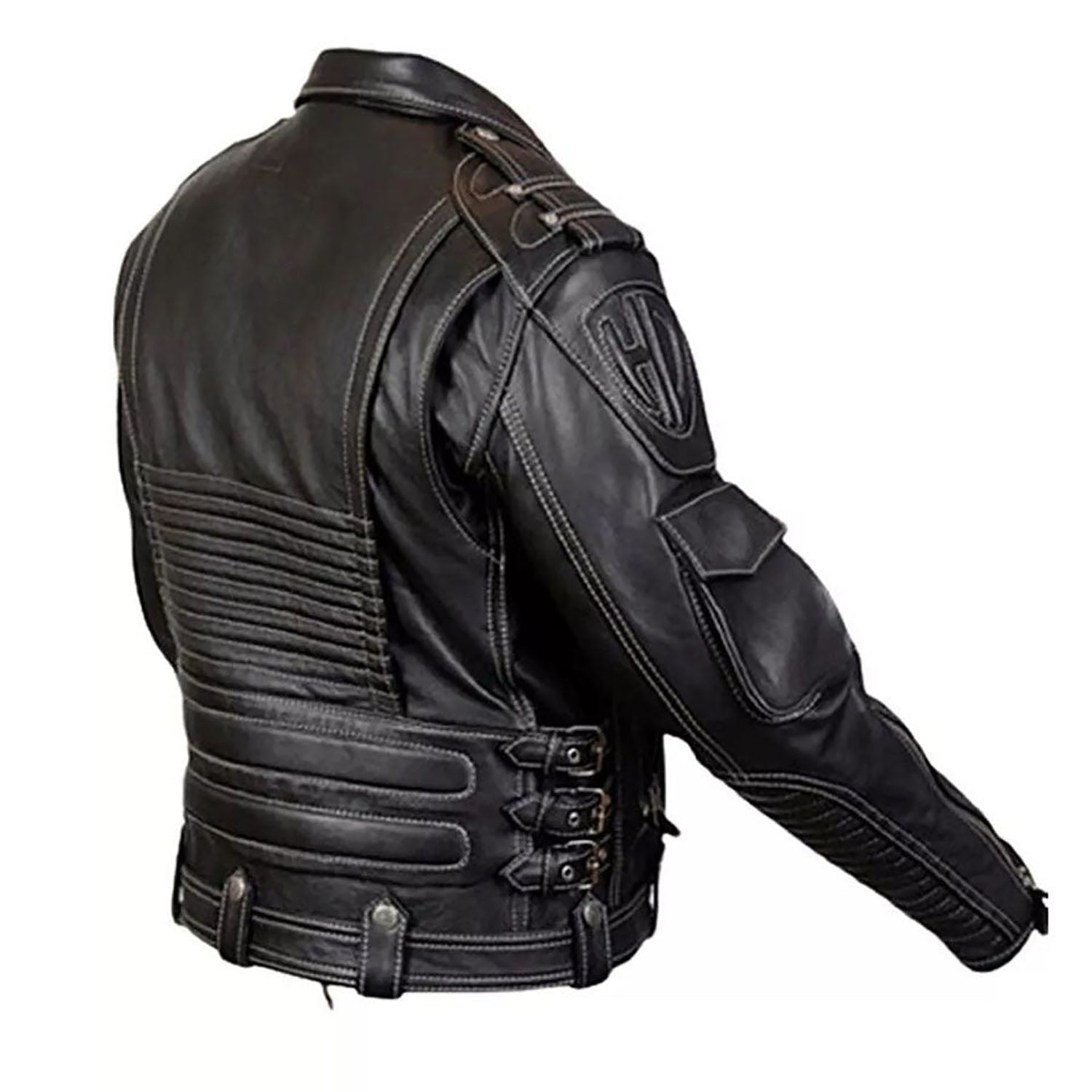 Close-up detail showing the black leather jacket with zip closure