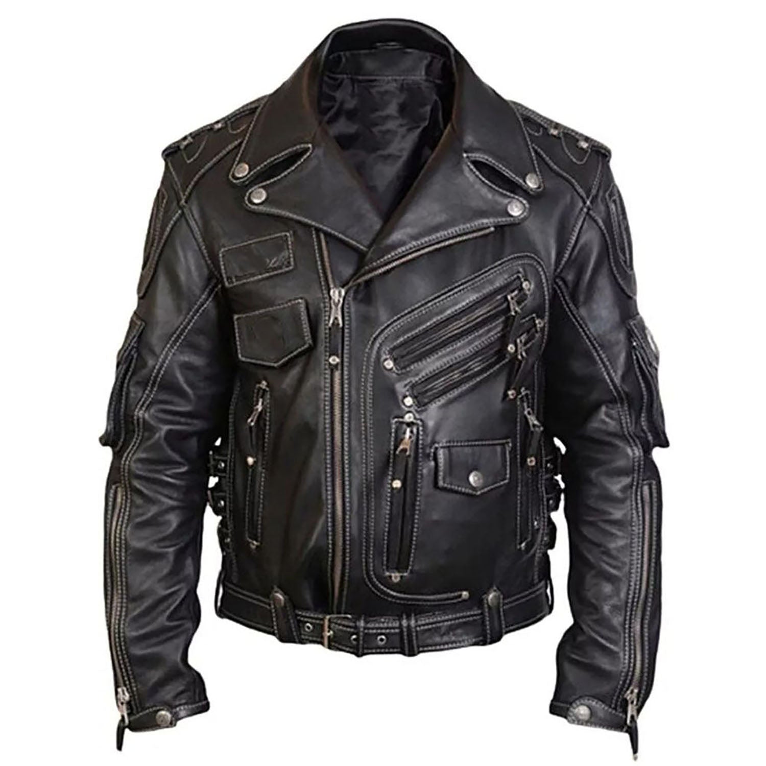 Back view showing the black leather jacket with biker style