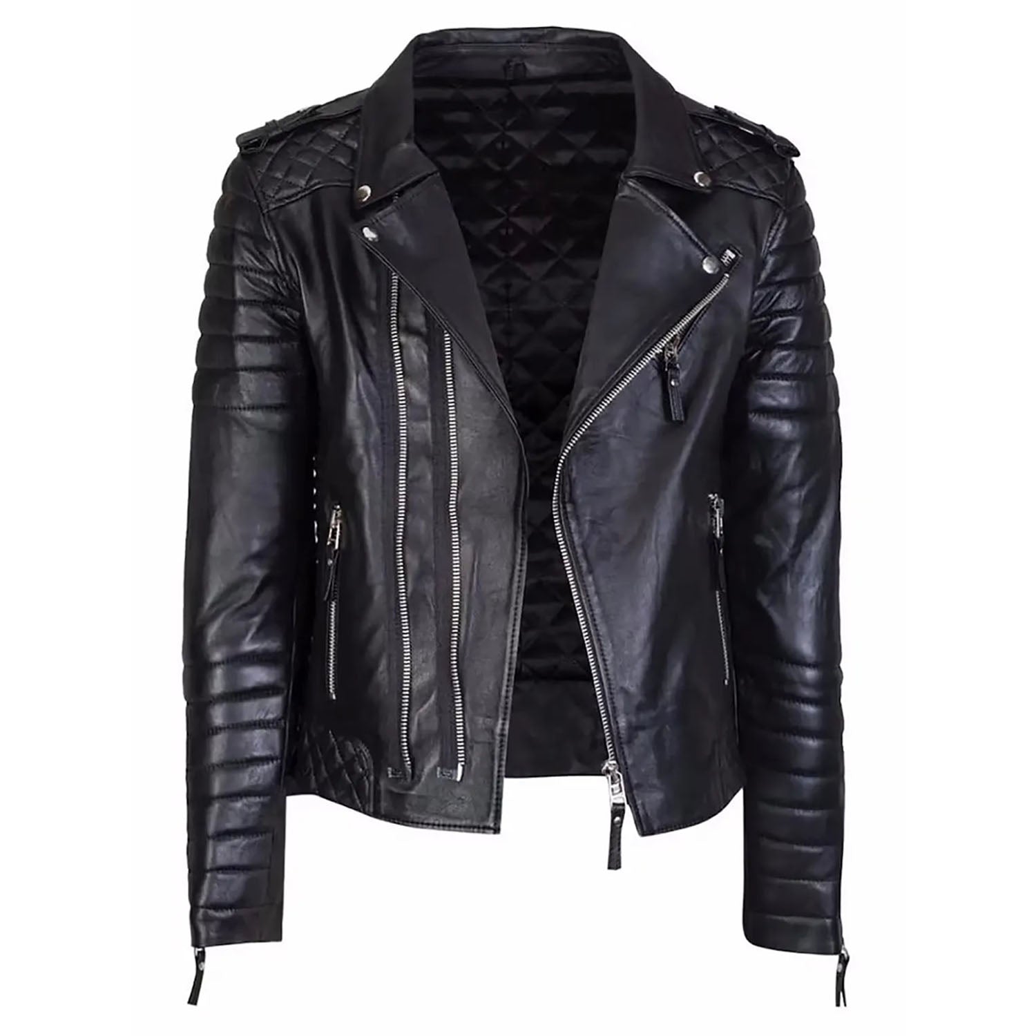 The black cowhide leather jacket with biker style, pictured from the side