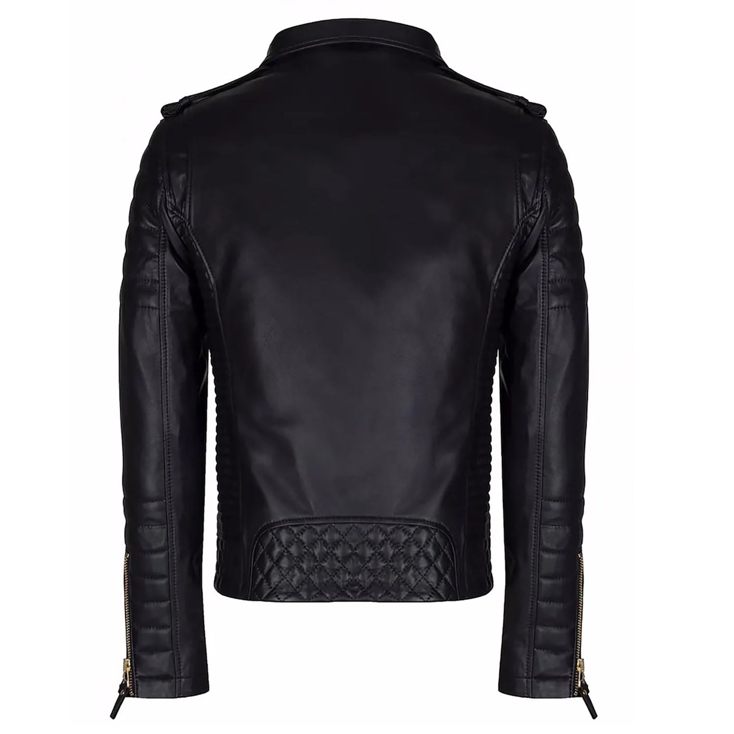 The black cowhide leather jacket with zip closure, pictured from the back