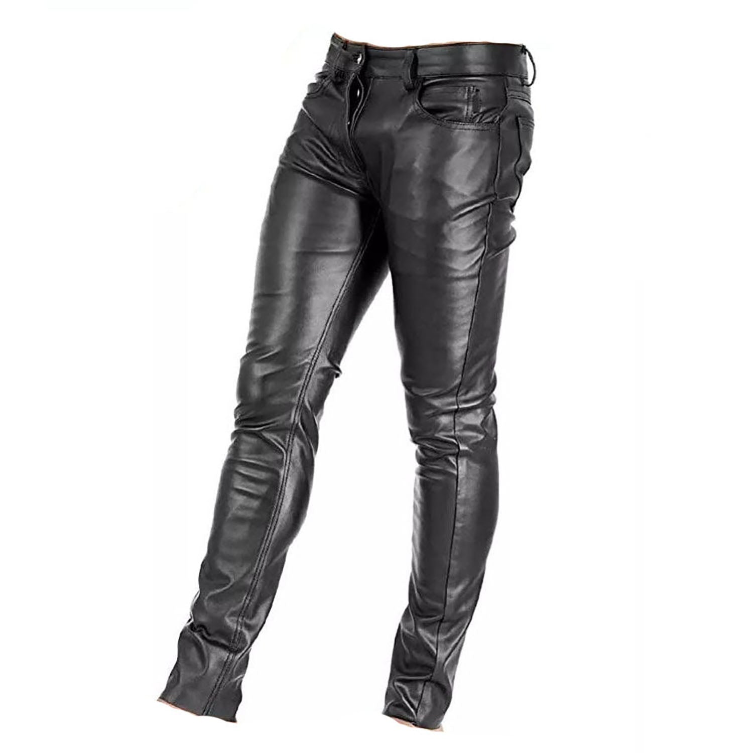 Black cowhide leather pants, front view