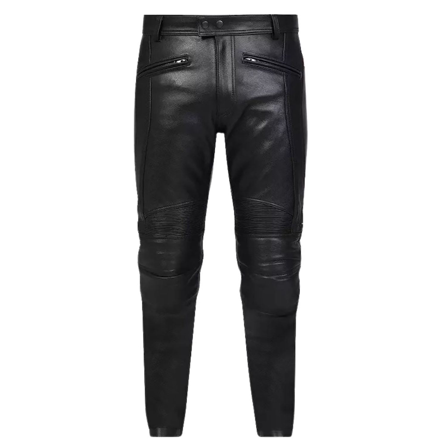 Side profile of the black cowhide leather pants with biker style for men