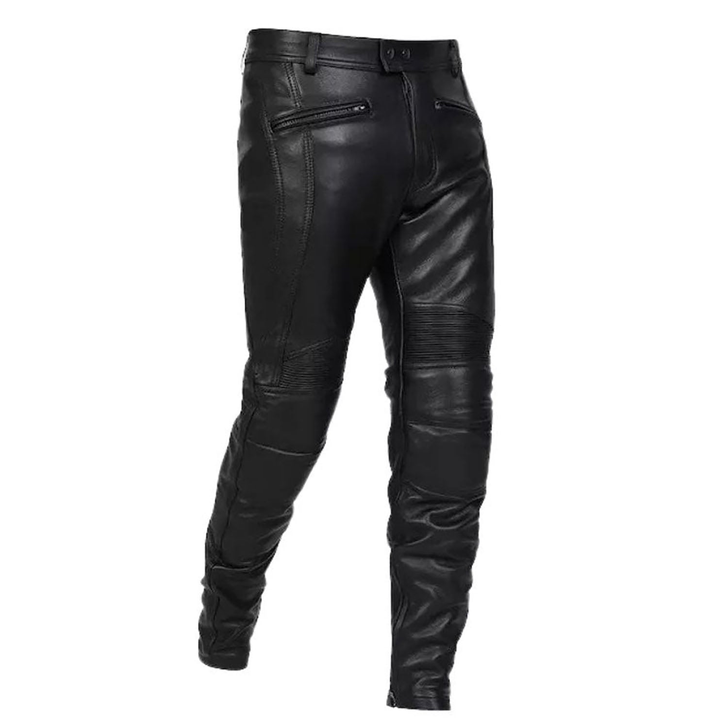 Detail shot of the black cowhide leather pants with biker style for men