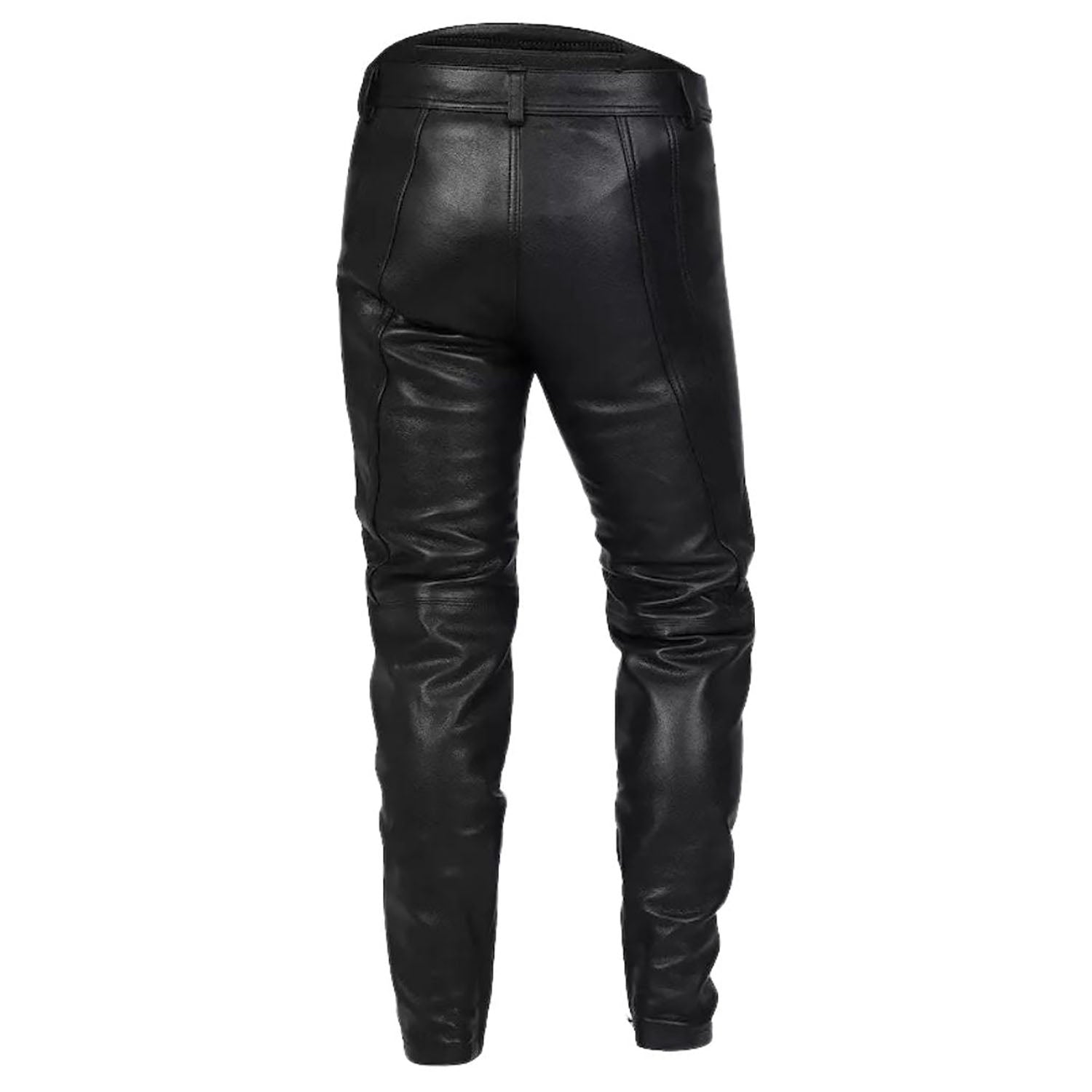 Front view of the black cowhide leather pants with biker style for men