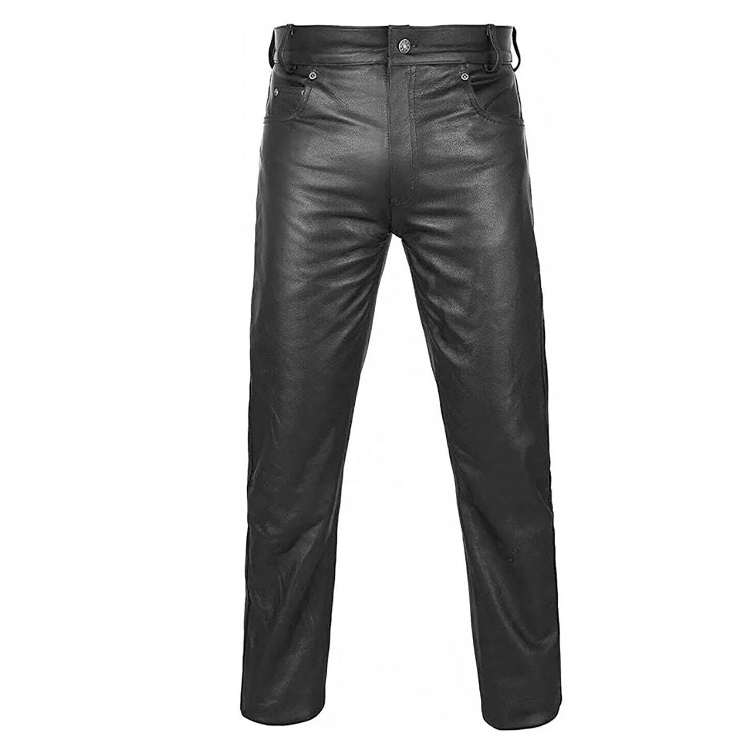 The black cowhide leather pants, pictured worn and styled