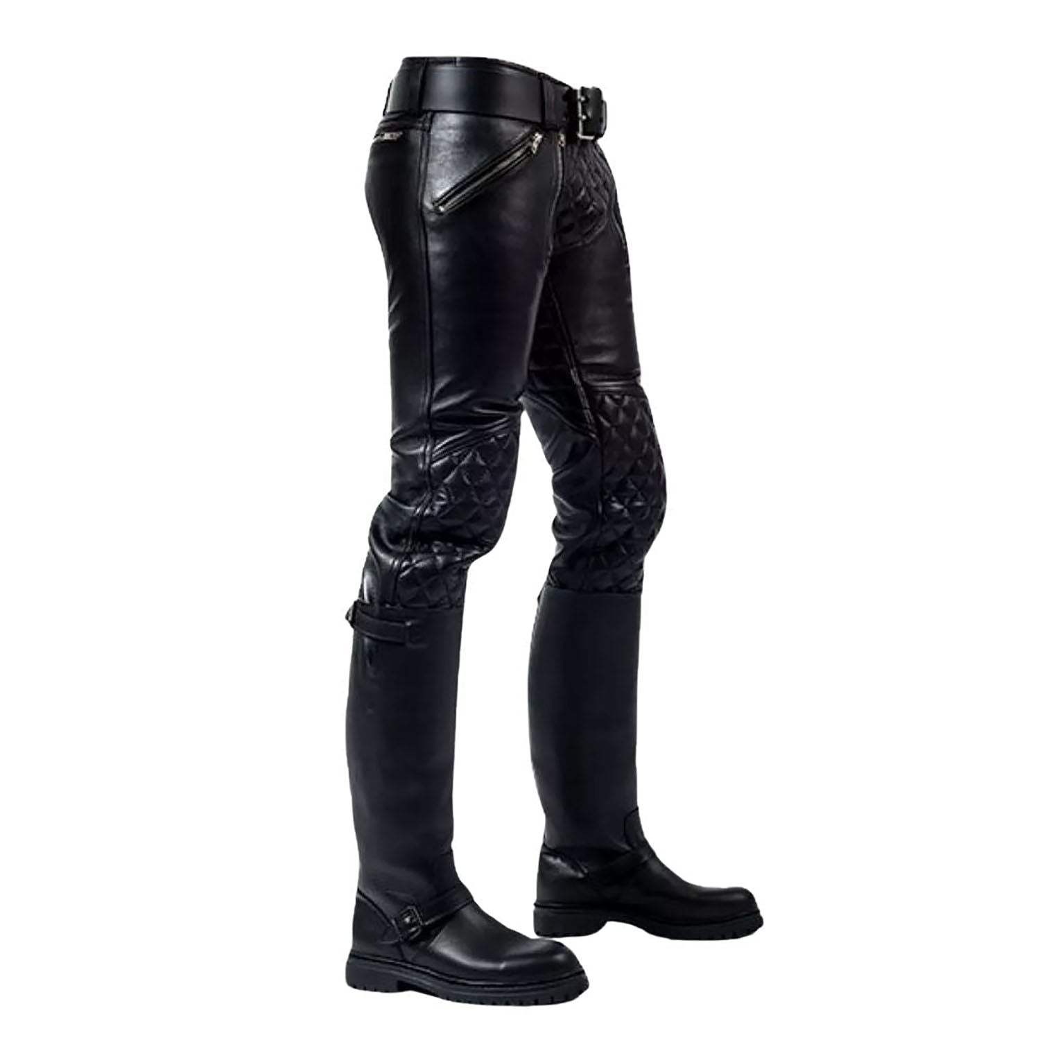 Black cowhide leather pants, close-up detail