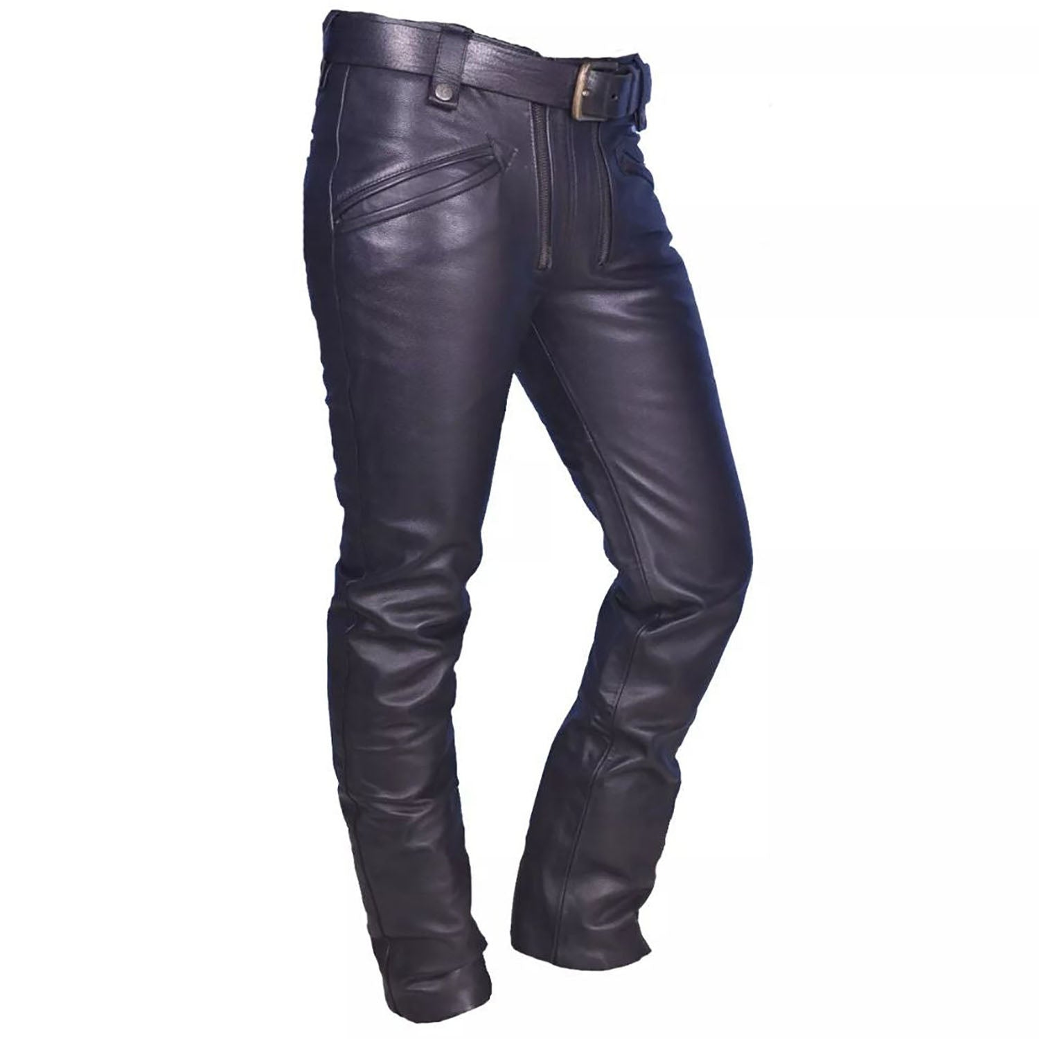 Full display showing the black cowhide leather pants with zip closure