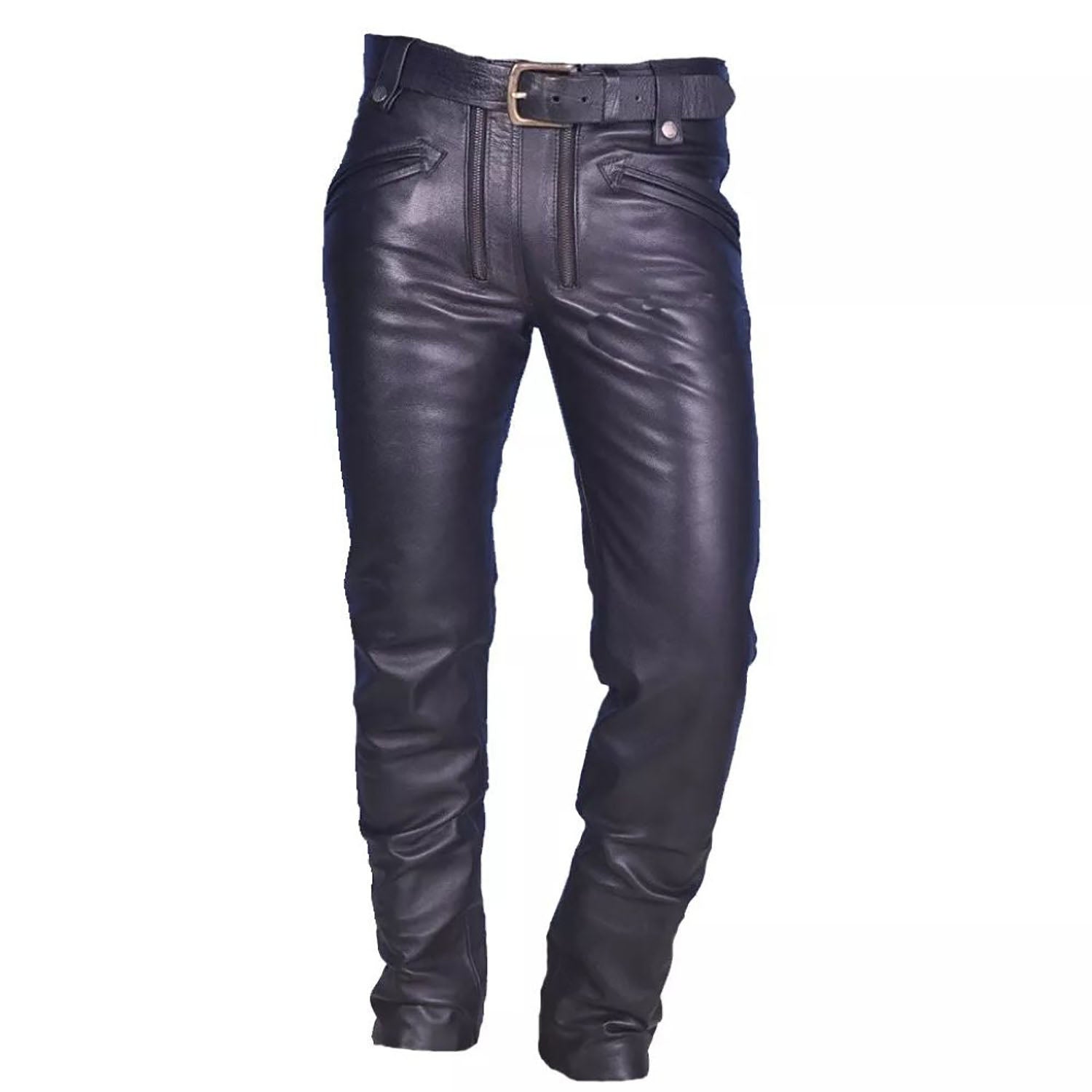 Detail shot showing the black cowhide leather pants with zip closure