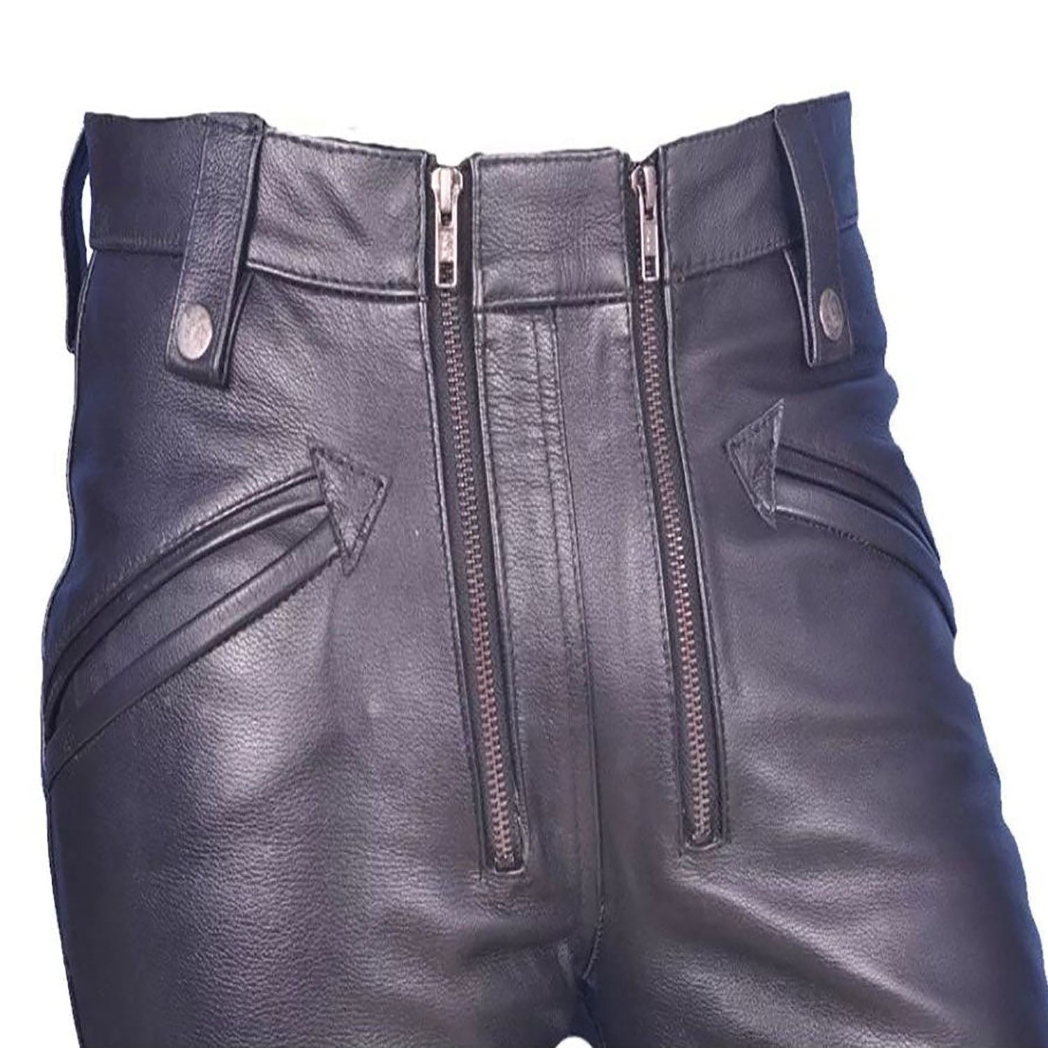 Front view showing the black cowhide leather pants with zip closure