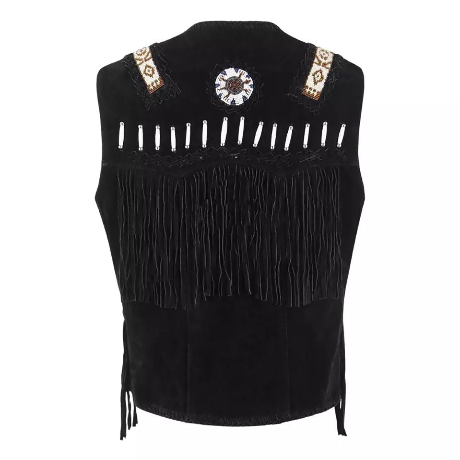 Worn styled look of the black leather fringe vest with beaded detailing for men