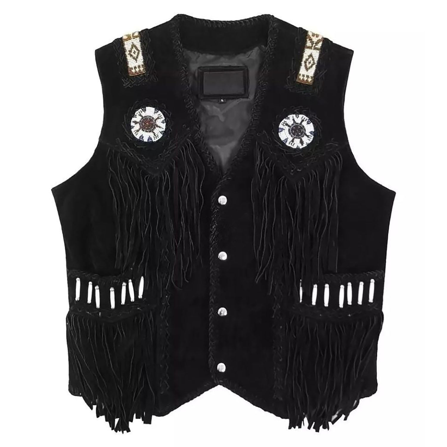 Side profile of the black leather fringe vest with bone-work trim for men