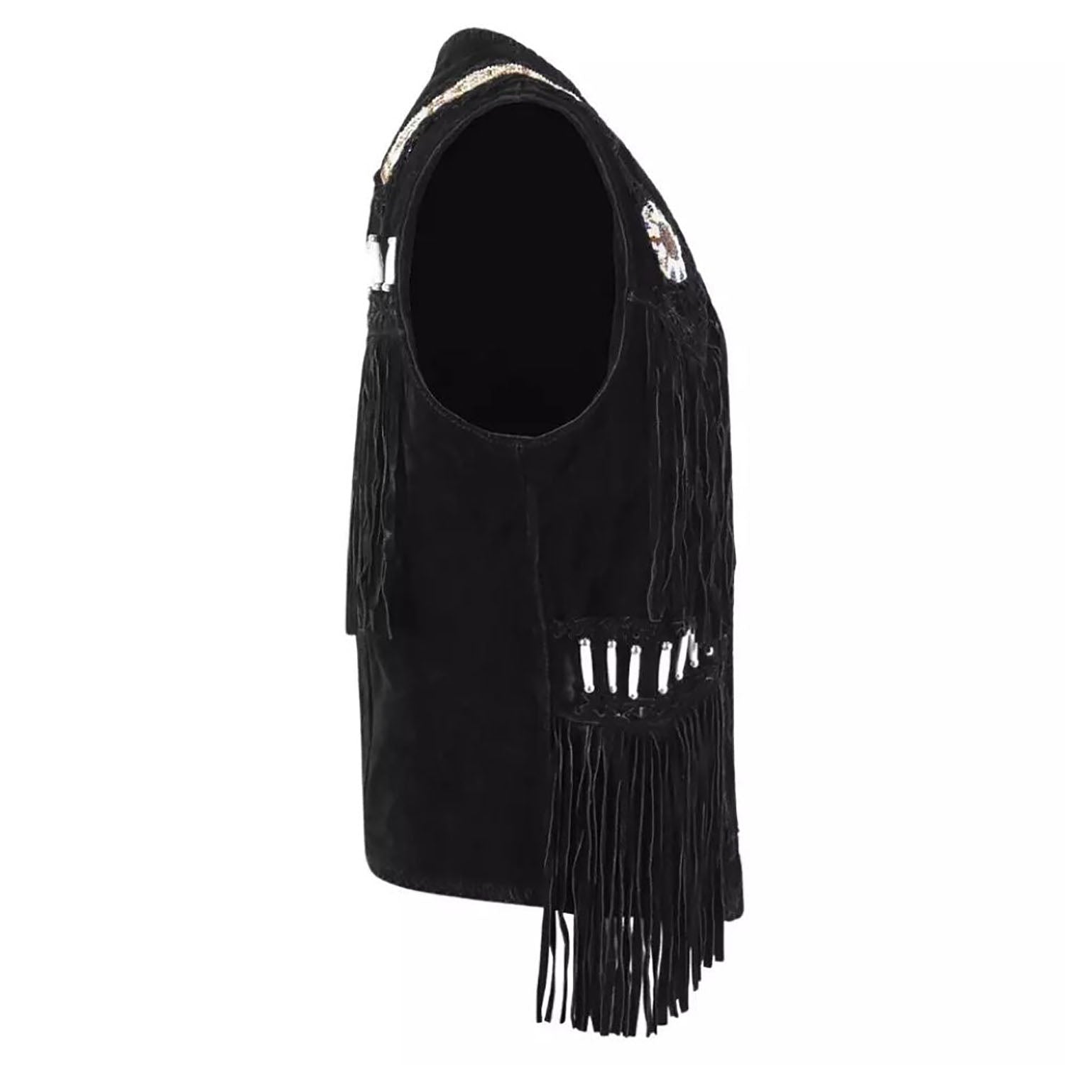 Back view of the black leather fringe vest with beaded detailing for men