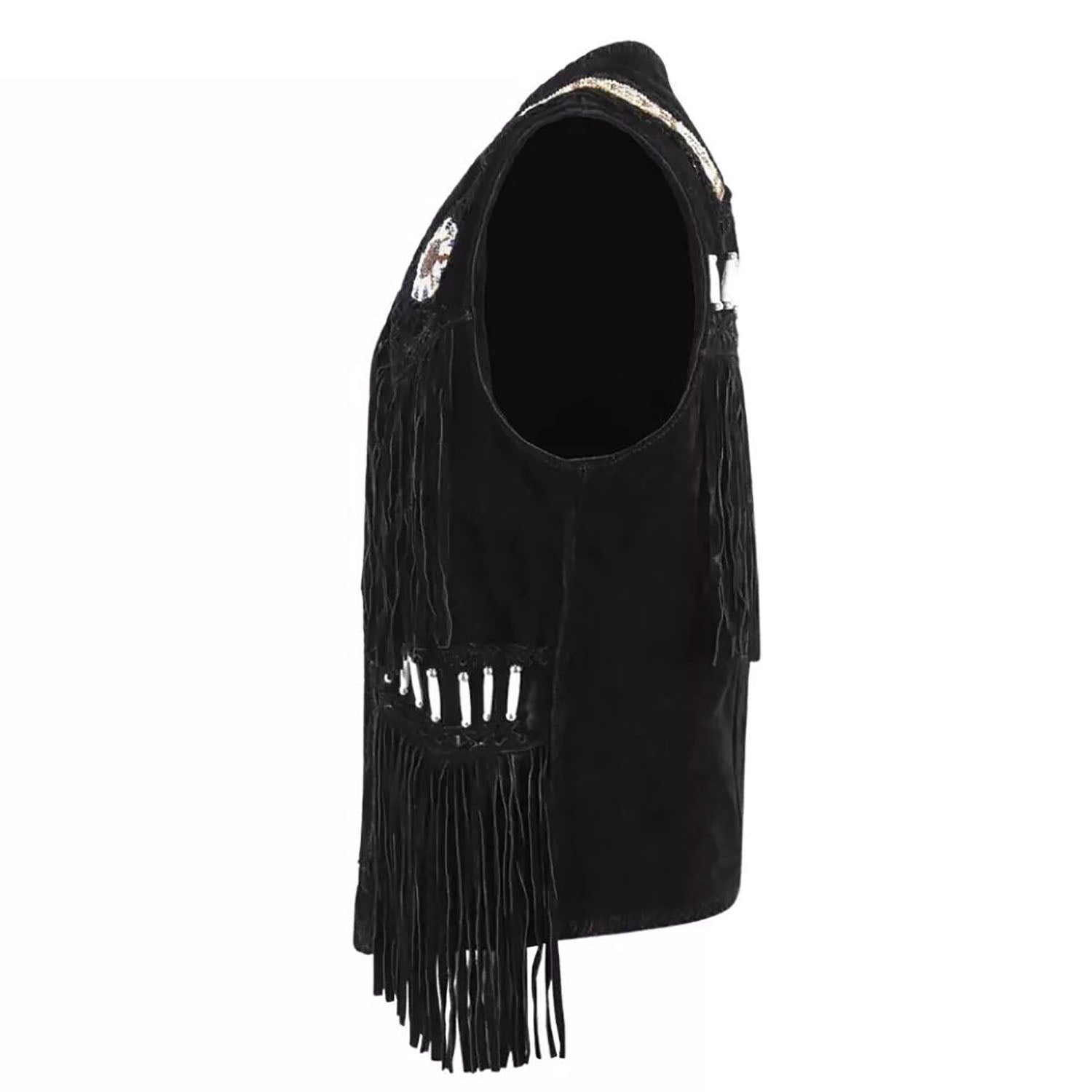 Close-up detail of the black leather fringe vest with bone-work trim for men