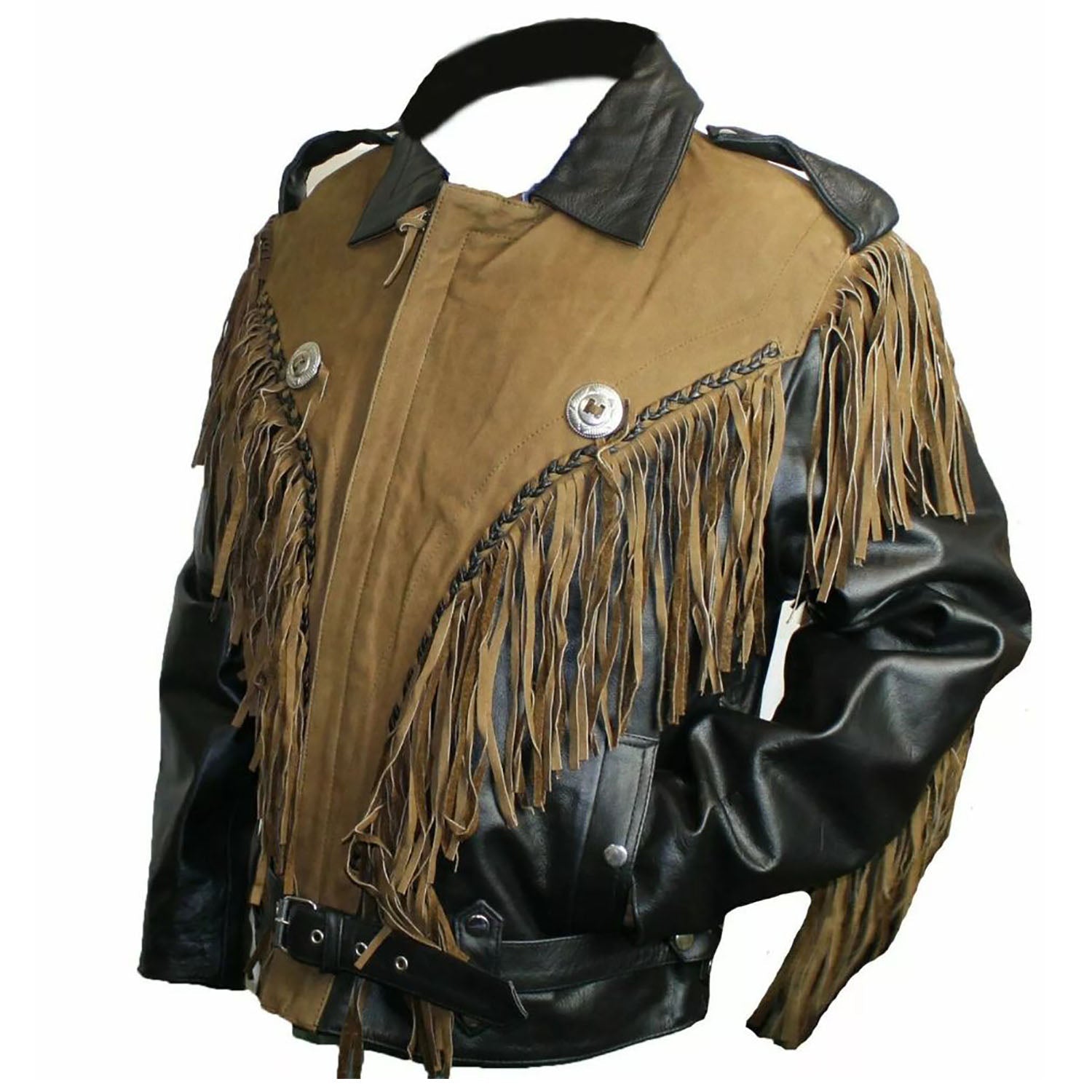 Close-up detail of the black & brown leather fringe jacket with belt accent for men