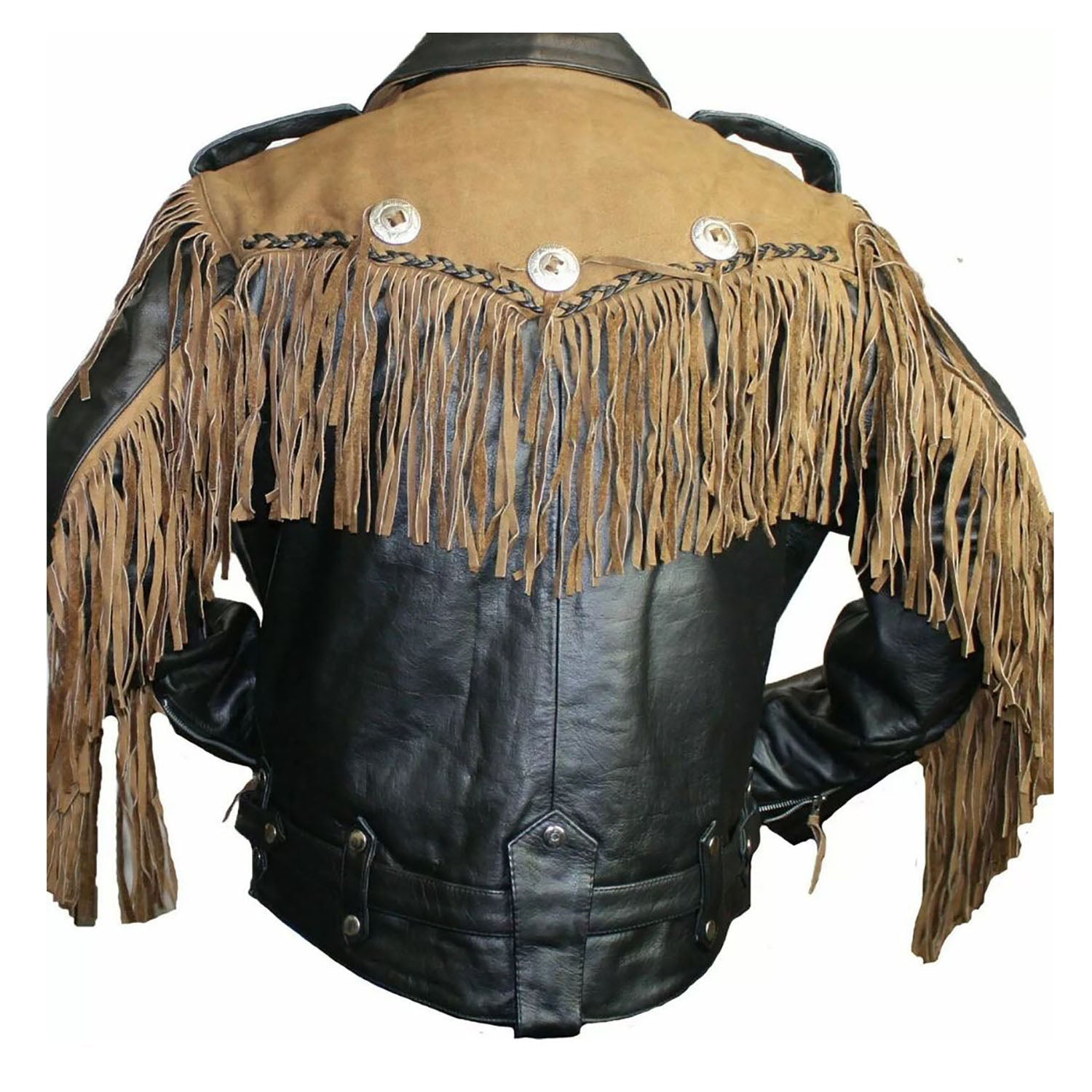 Worn styled look of the black & brown leather fringe jacket with belt accent for men