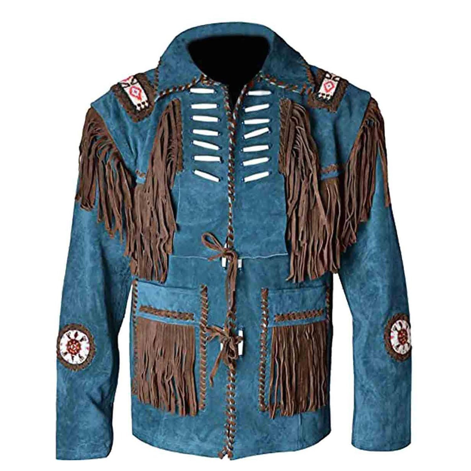 Brown suede leather fringe jacket with bone-work trim, full display