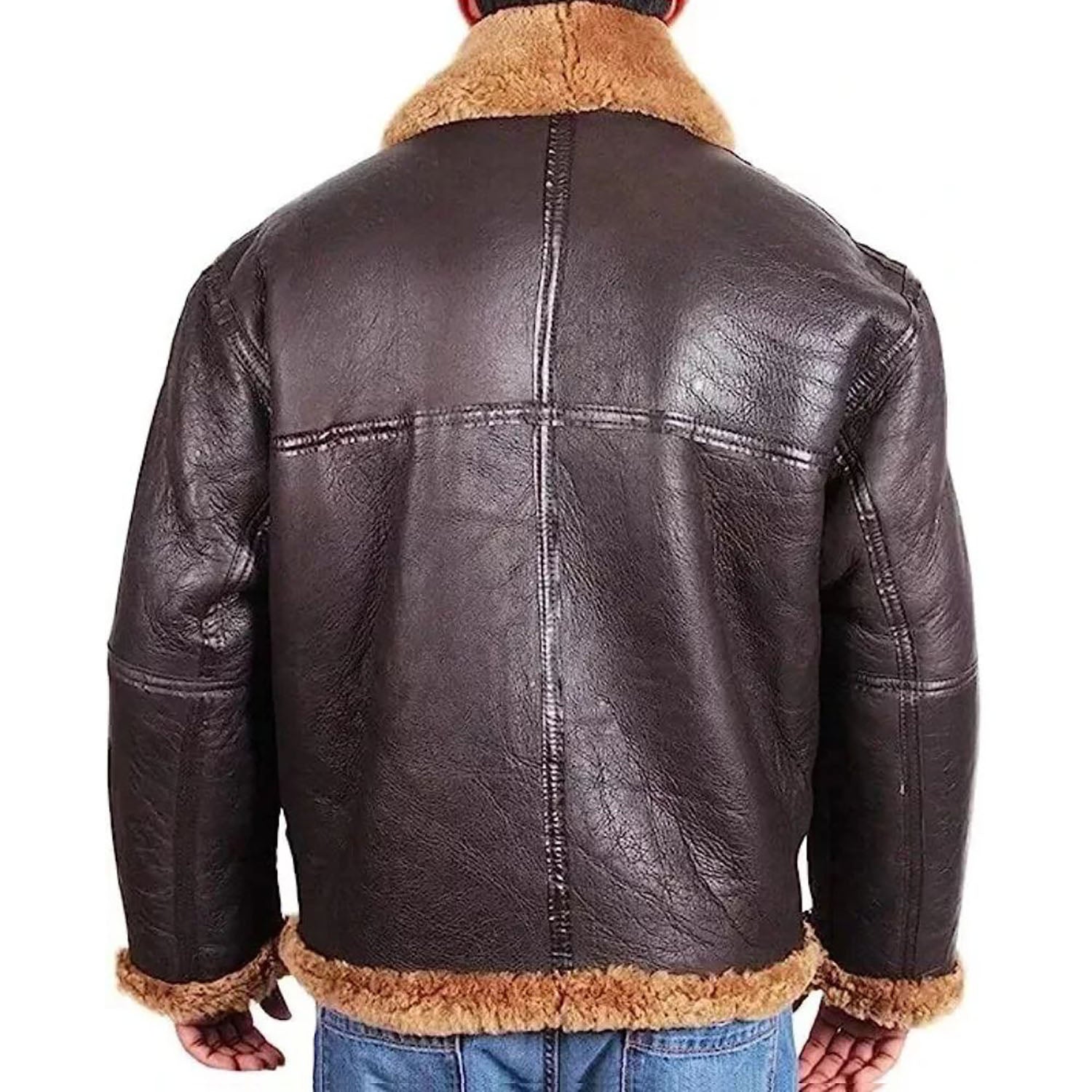 The brown sheepskin leather bomber jacket with aviator bomber style, pictured worn and styled