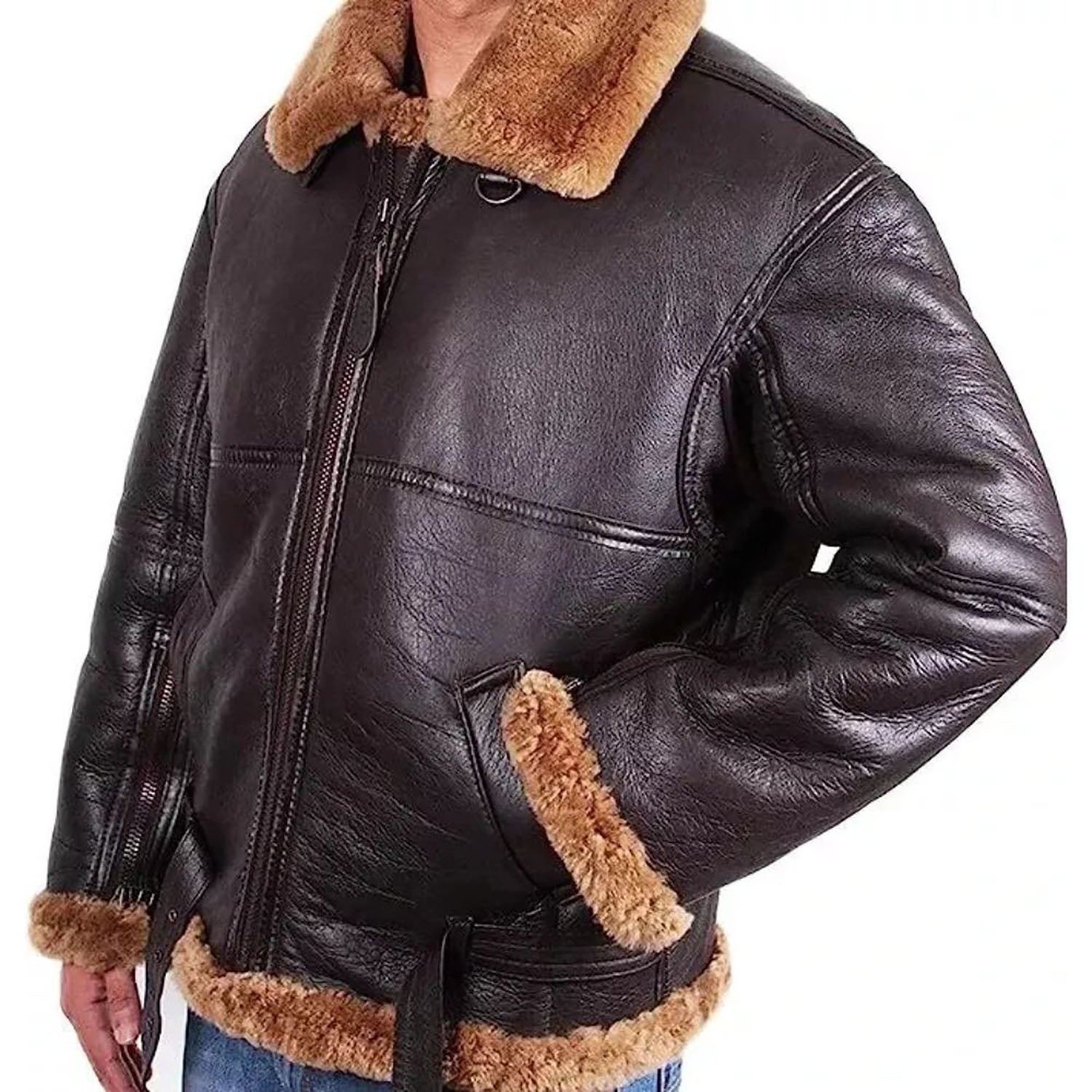 The brown sheepskin leather bomber jacket with fur trim, pictured in close-up