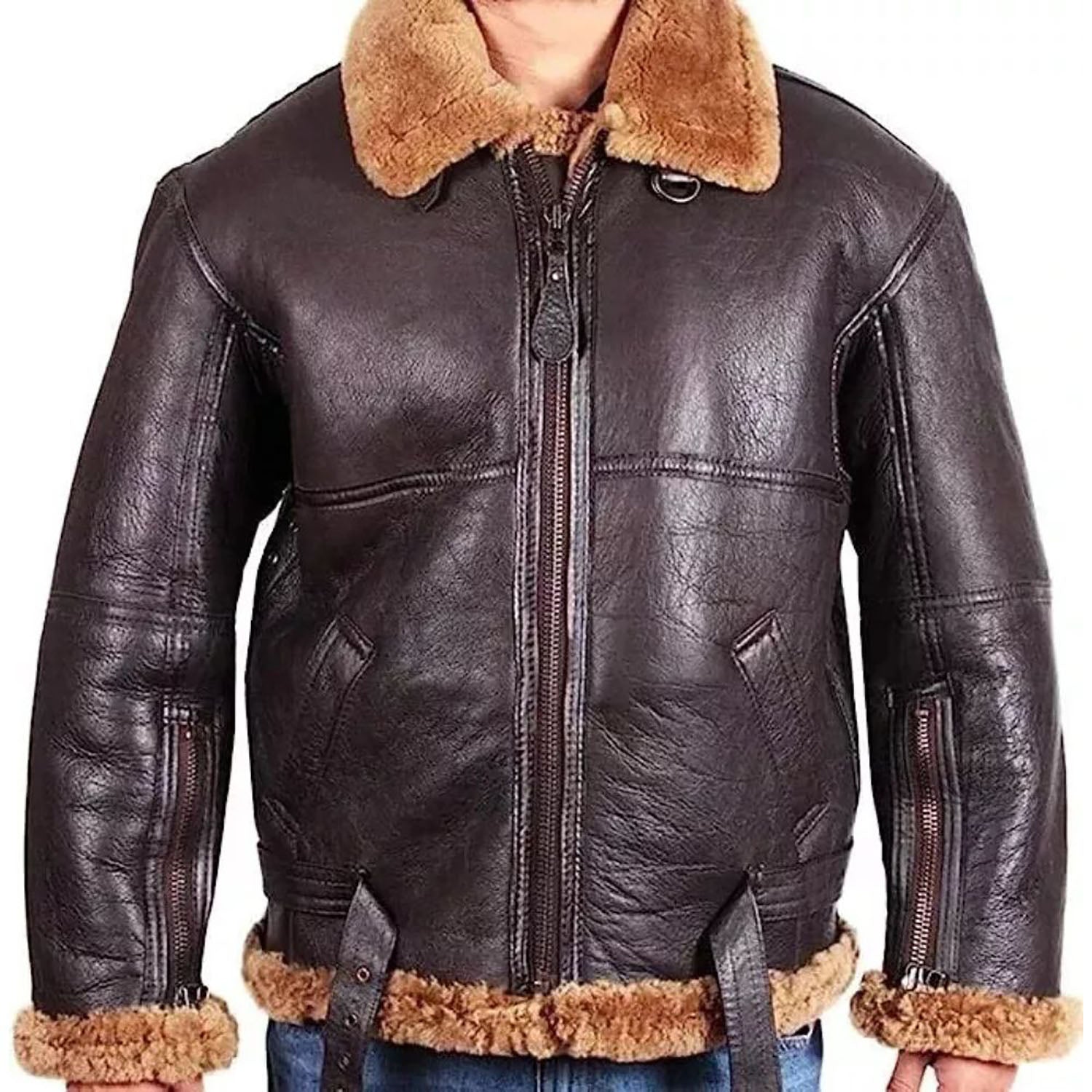 The brown sheepskin leather bomber jacket with aviator bomber style, pictured from the back