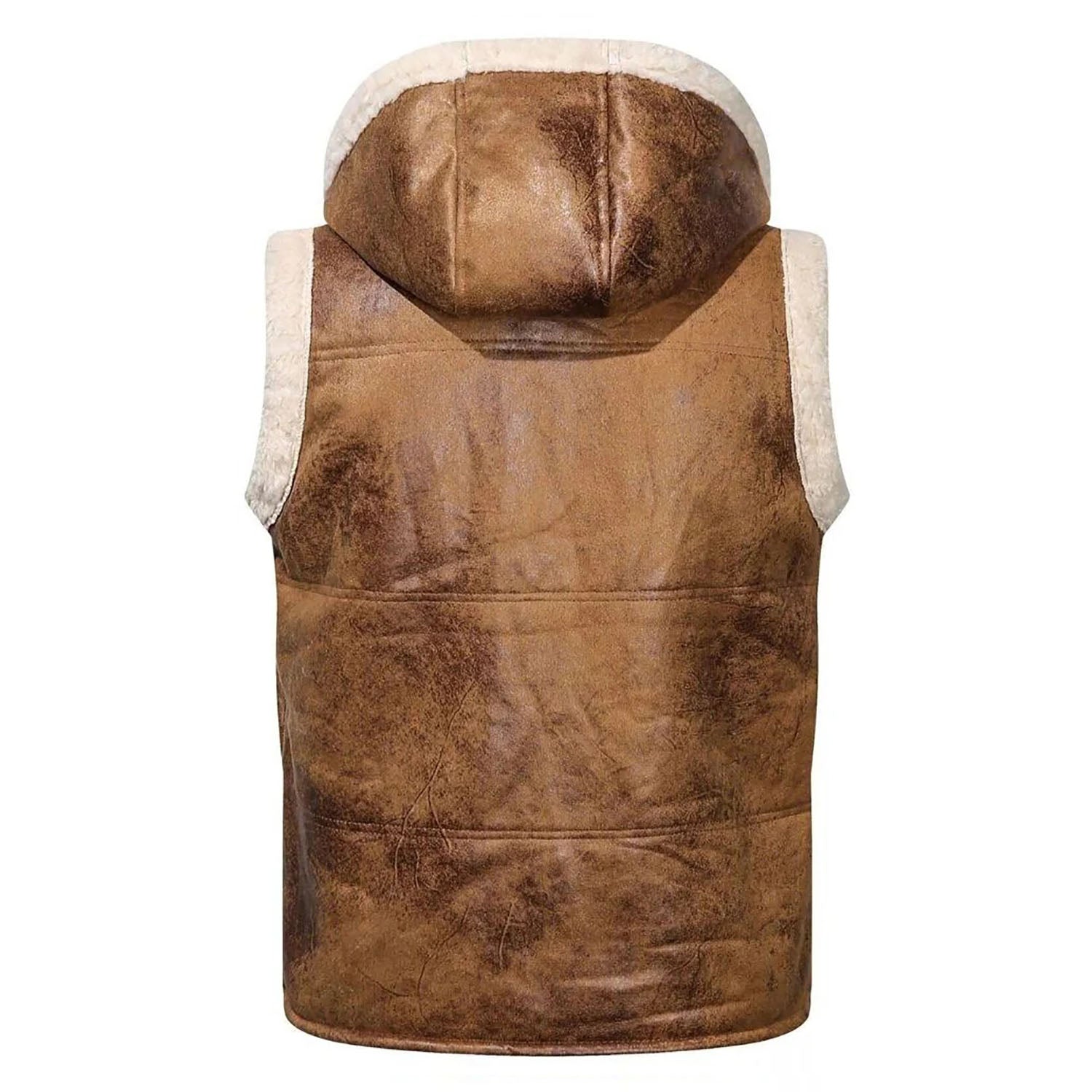 Brown cowhide leather vest with hood, close-up detail