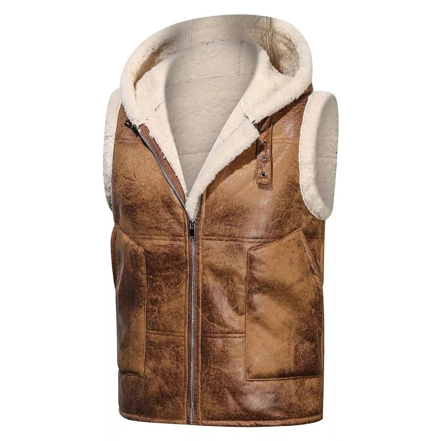 Brown cowhide leather vest with hood, side profile