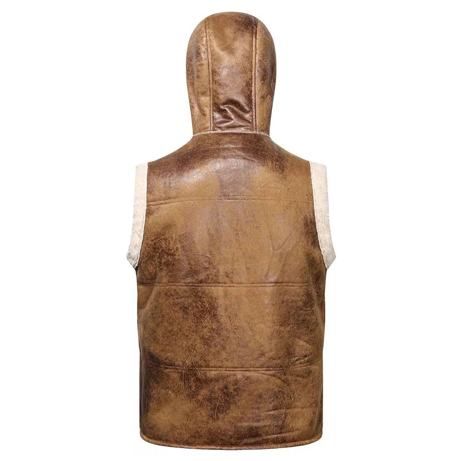 Brown cowhide leather vest with aviator bomber style, back view