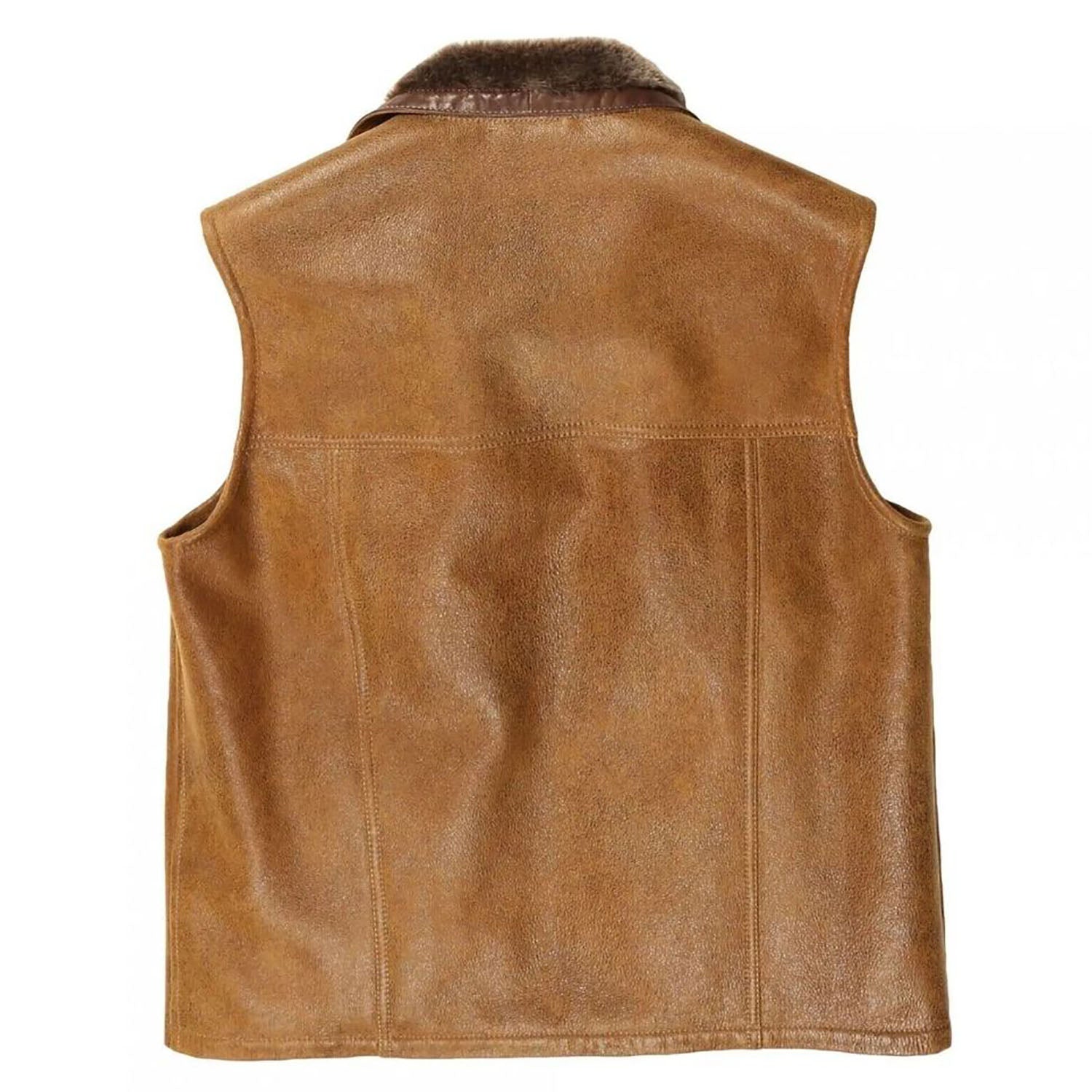 Back view of the brown cowhide leather vest with multiple pockets for men