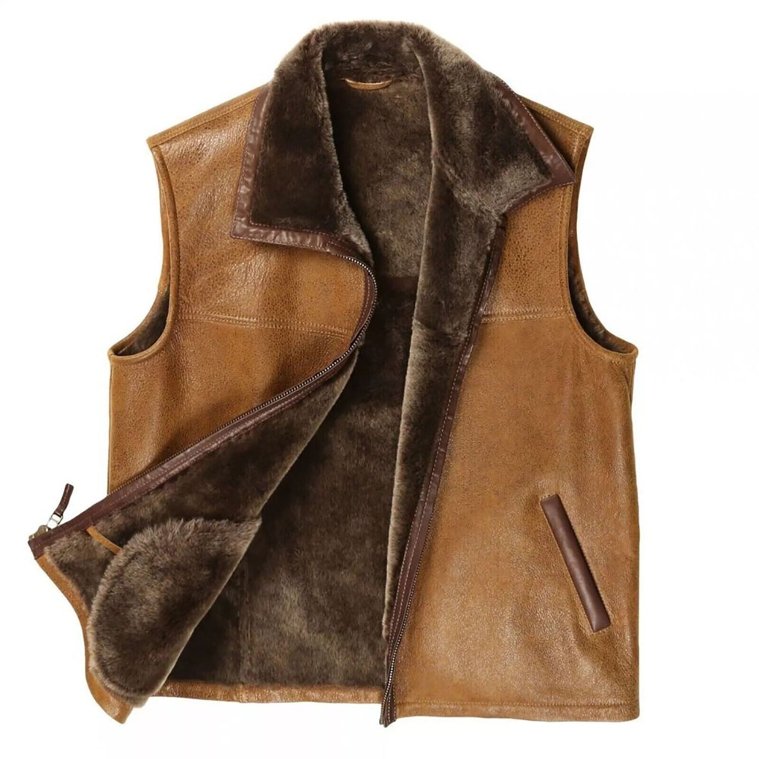 Side profile of the brown cowhide leather vest with aviator bomber style for men