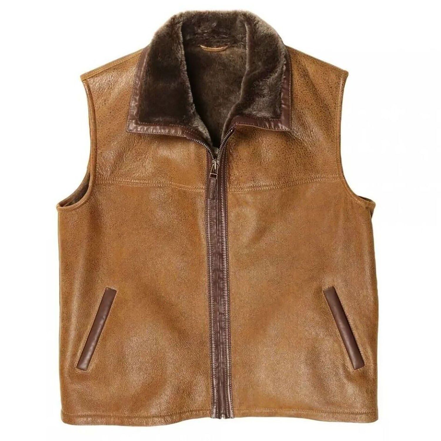 Front view of the brown cowhide leather vest with multiple pockets for men
