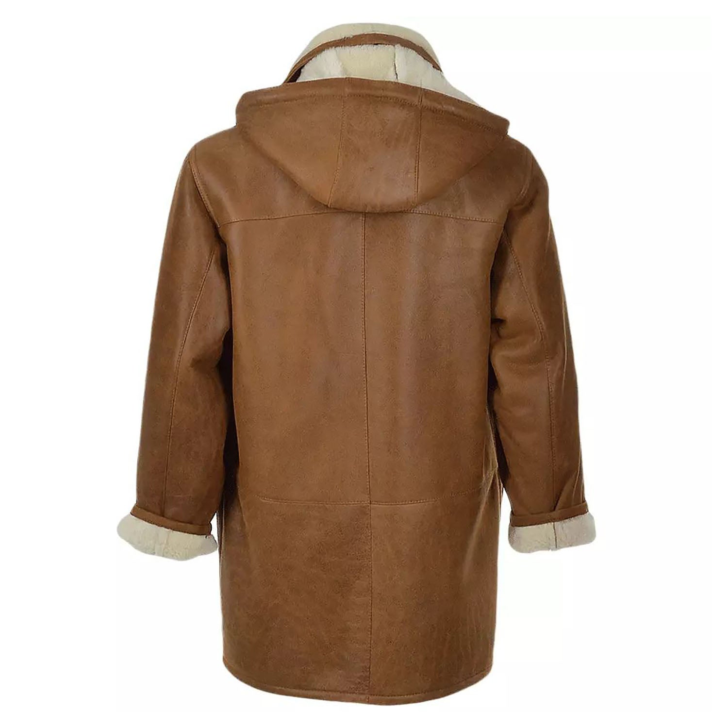 Side profile showing the brown cowhide leather jacket with hood