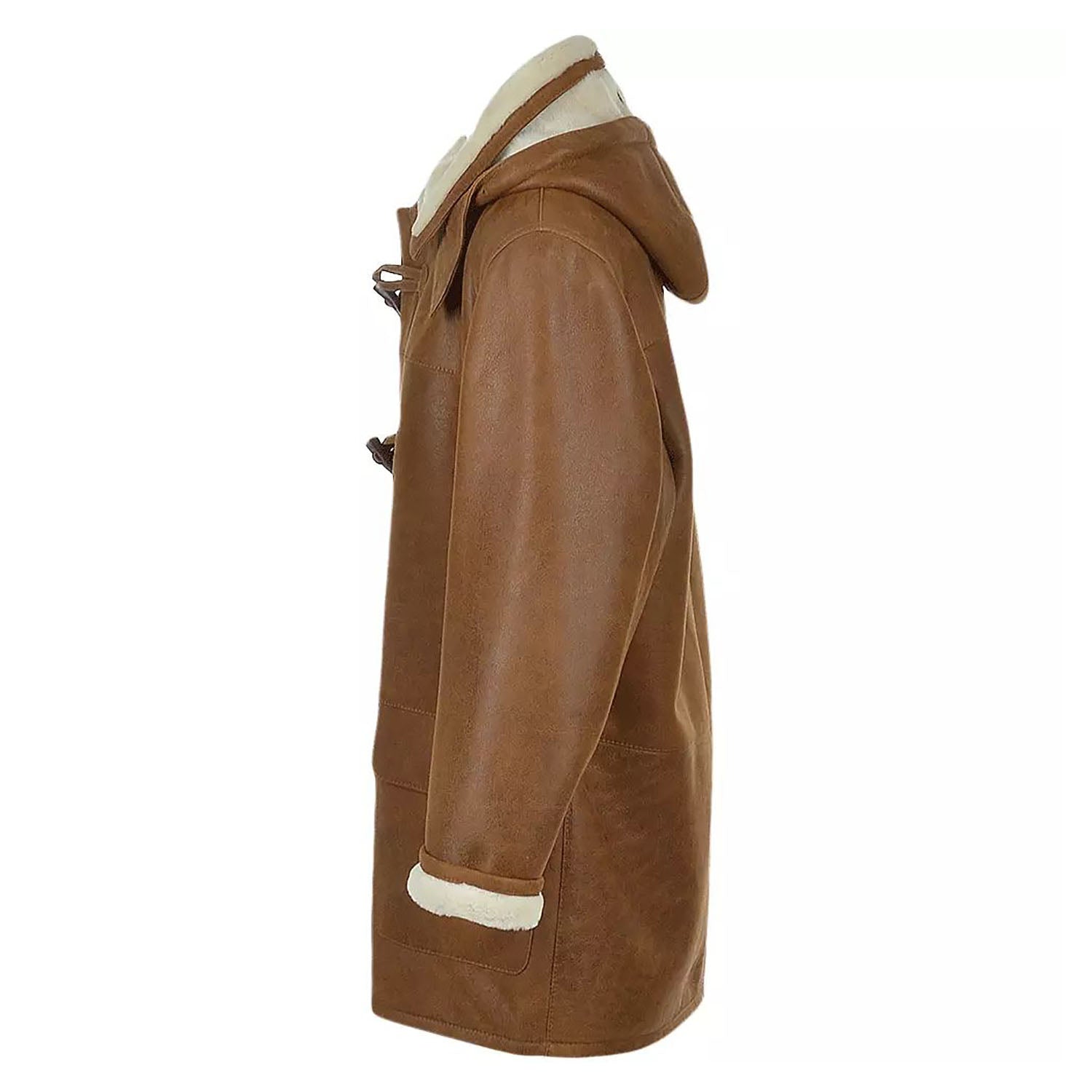 Front view showing the brown cowhide leather jacket with multiple pockets