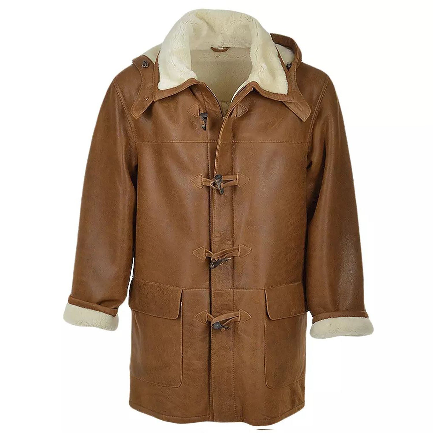 Detail shot showing the brown cowhide leather jacket with hood
