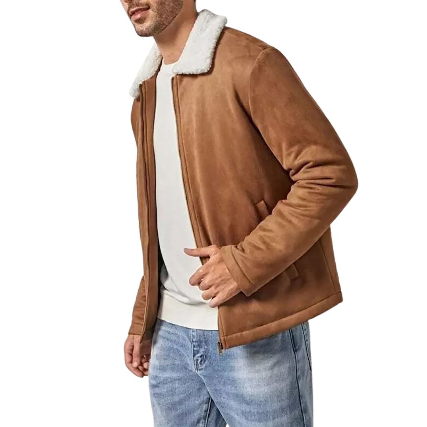 The brown suede leather jacket with fur trim, pictured in detail