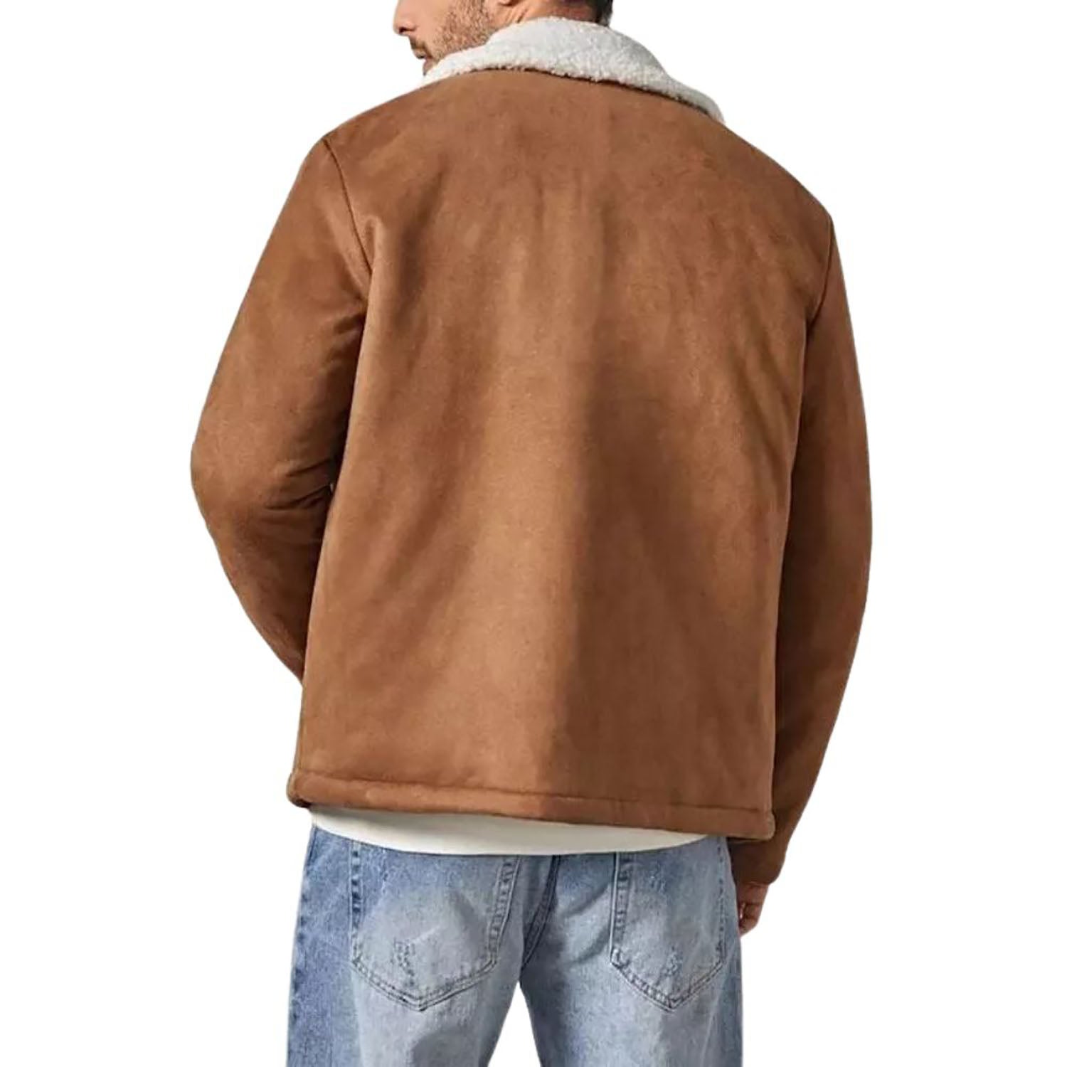The brown suede leather jacket with fur trim, pictured from the front