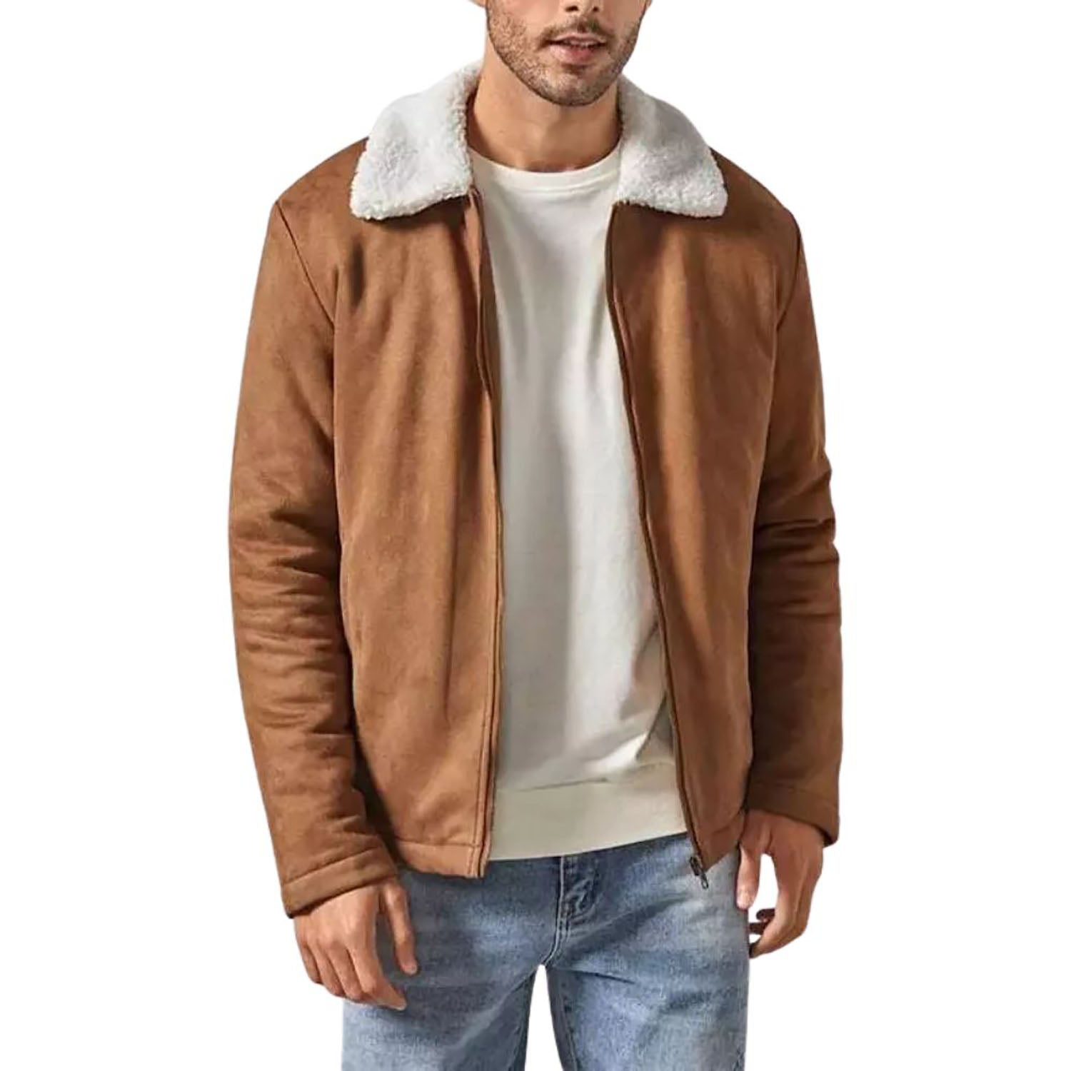 The brown suede leather jacket with fur trim, pictured in full display
