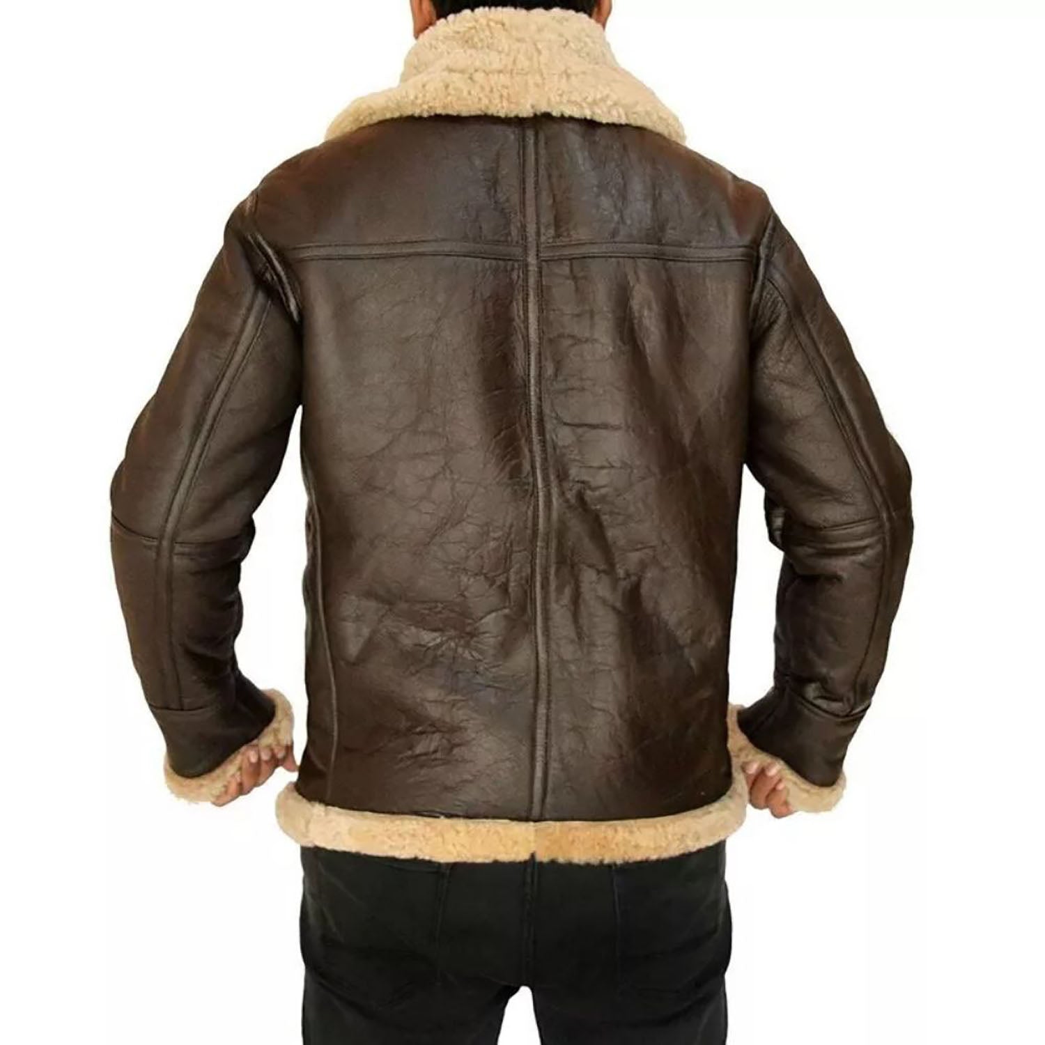 Brown leather bomber jacket with aviator bomber style, detail shot