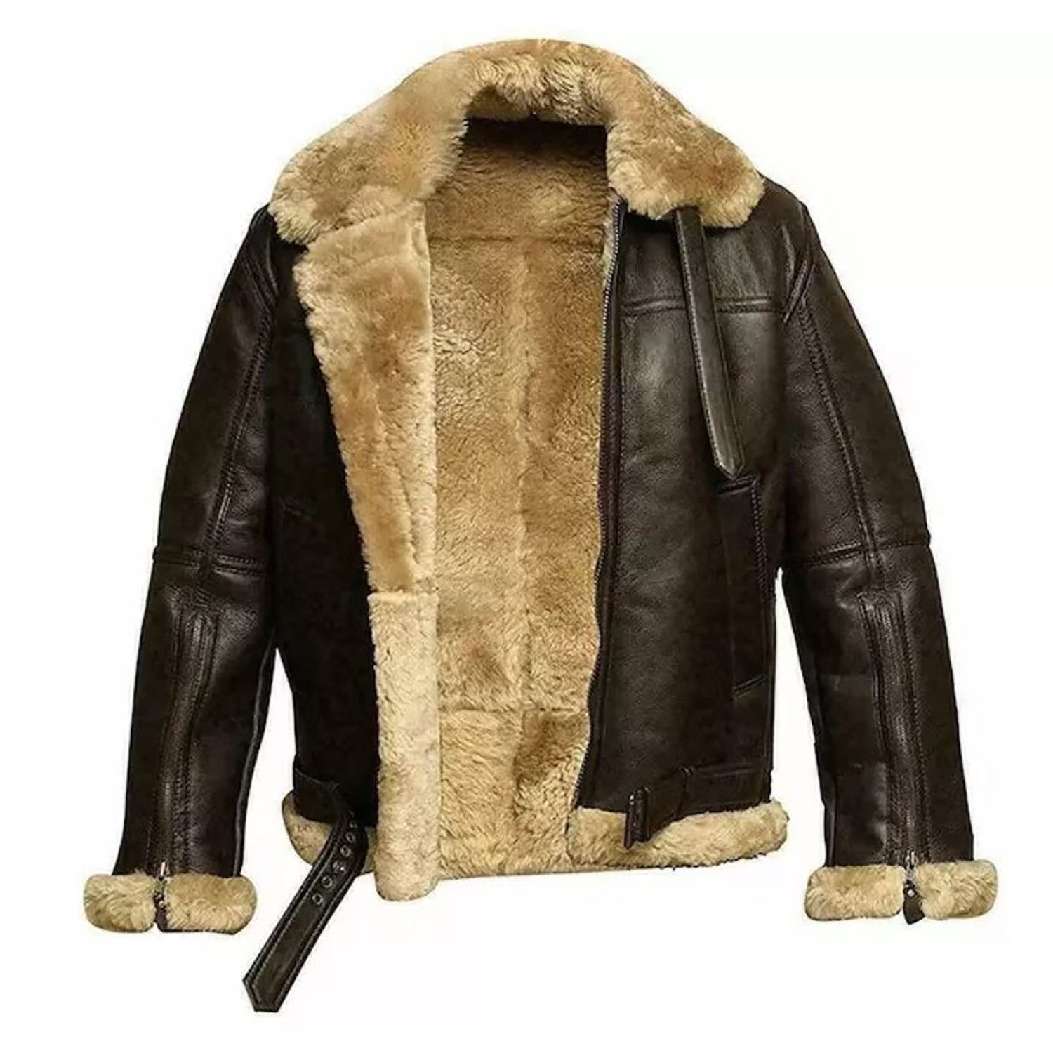 Brown leather bomber jacket with fur trim, full display